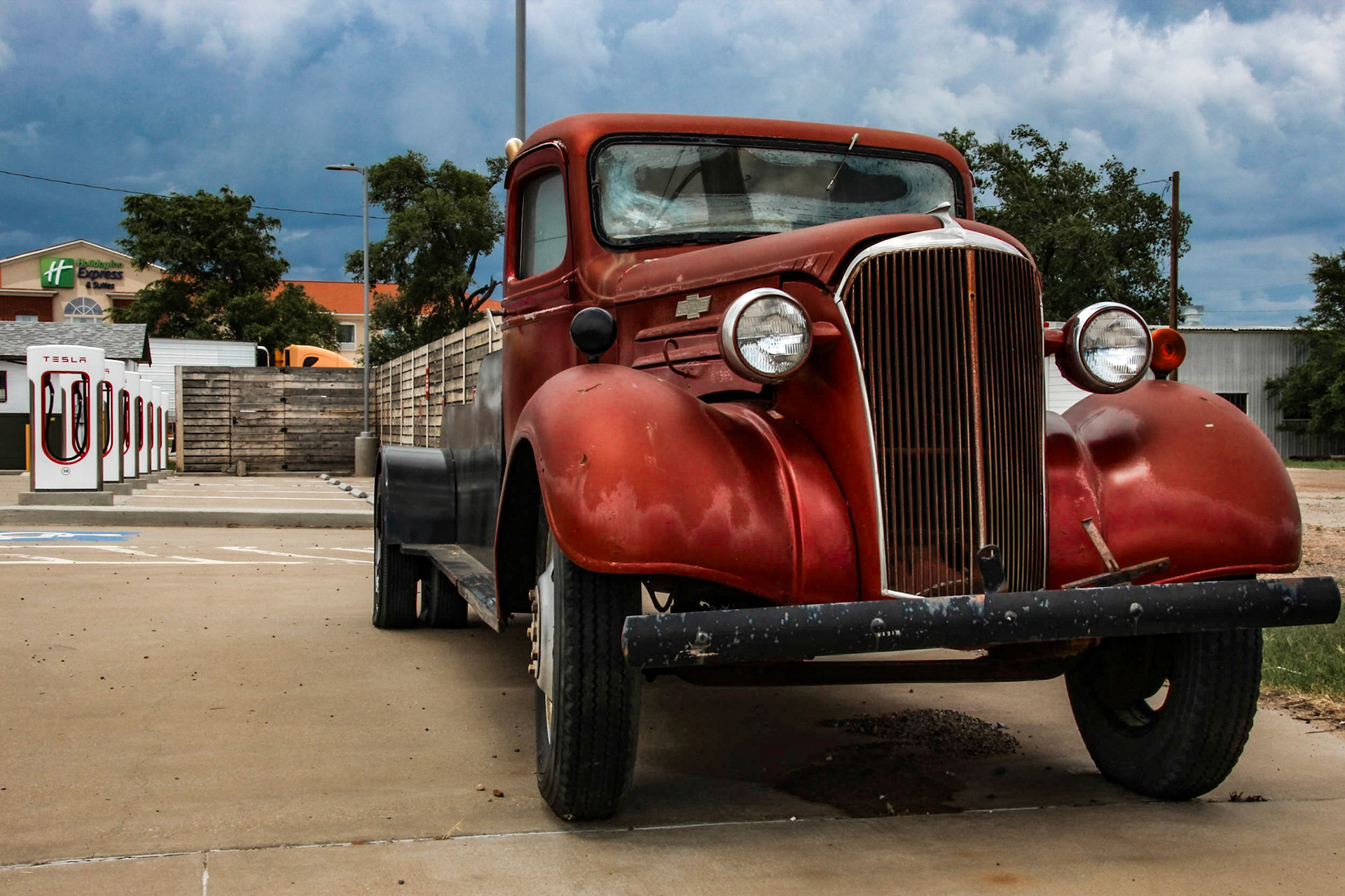 Tesla Superchargers, and old Chevy Tow Truck - Shamrock, Texas