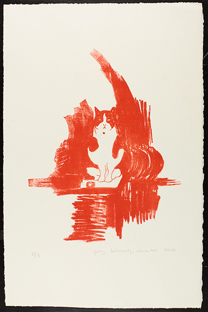 «Persistante attente», variation en rouge,  2017. Lithographie originale sur papier d’un format total de 32 x 50 cm . Numérotée 2 de 3 et signée au crayon par l'artiste.
