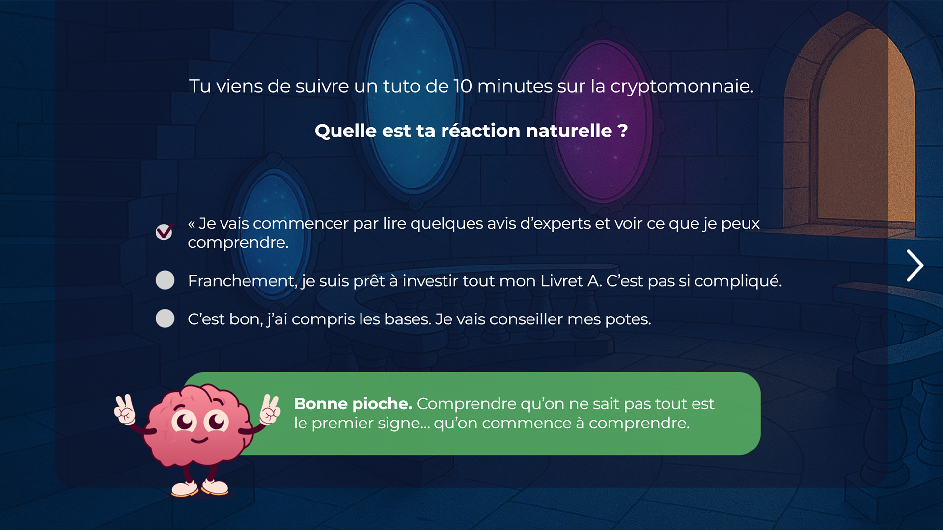 Question à choix unique, avec le feedback du cerveau.
