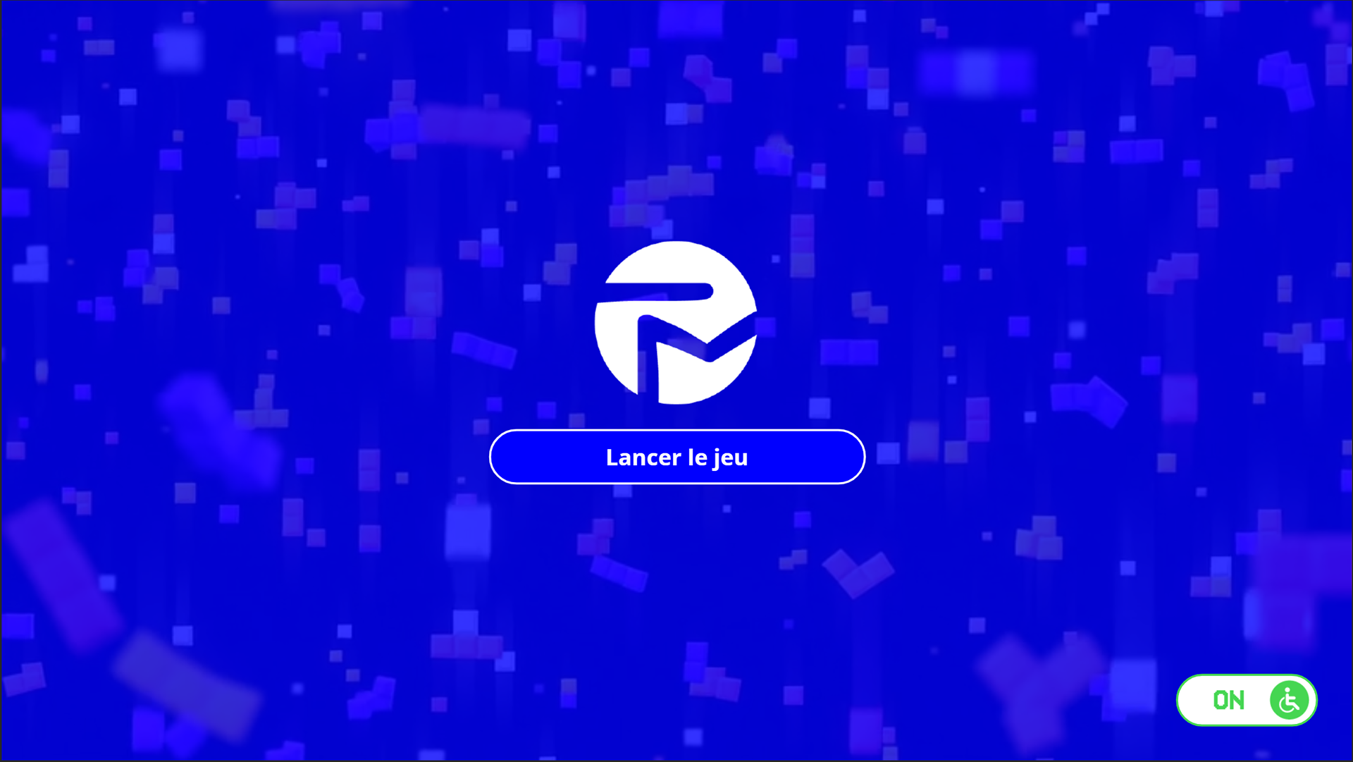 Écran d’accueil de (Te)Tris : le logo, le bouton « Lancer le jeu » et le commutateur du mode accessible en bas à droite..