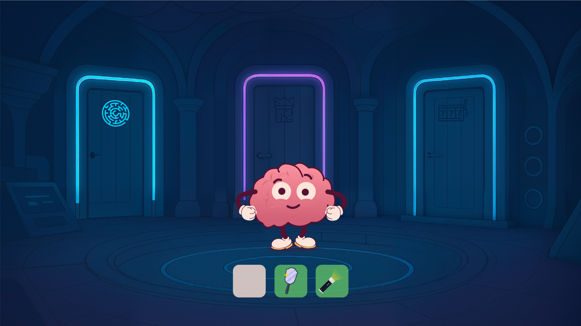 Menu du module en cours de parcours : le cerveau a repris des couleurs et deux artefacts, un miroir et une lampe, occupent deux des trois emplacements.