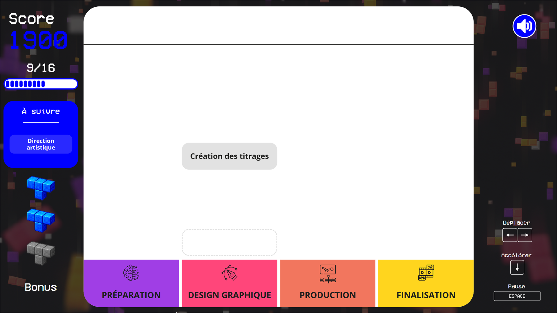 Écran du jeu (Te)Tris : la tâche « Création des titrages » tombe vers quatre colonnes : Préparation, Design graphique, Production et Finalisation. À gauche, le score, la progression 9 sur 16 et la tâche suivante.