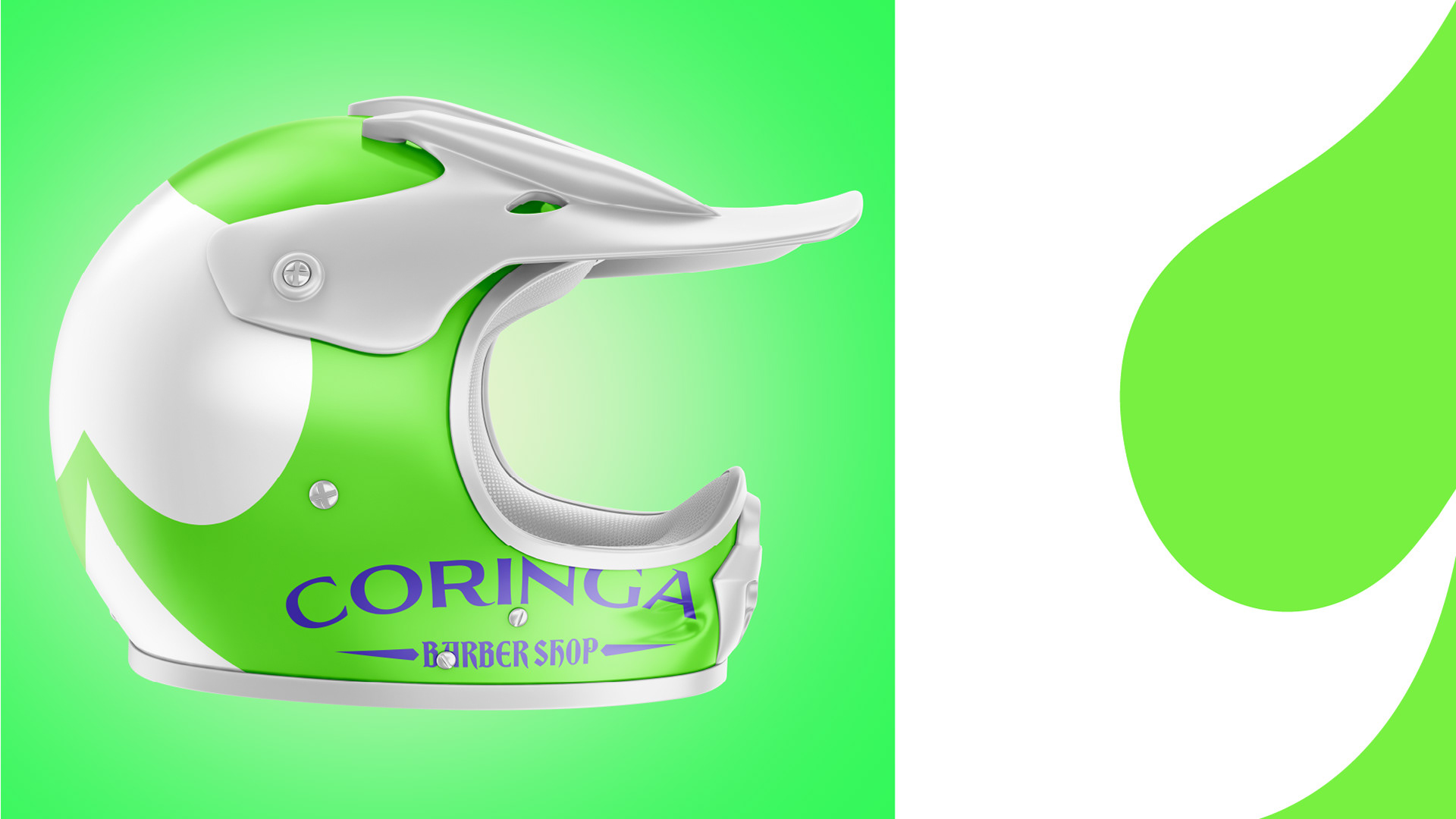 Capacete de motociclista personalizado em verde e branco com o logo da Coringa Barber Shop, em fundo verde com formas orgânicas