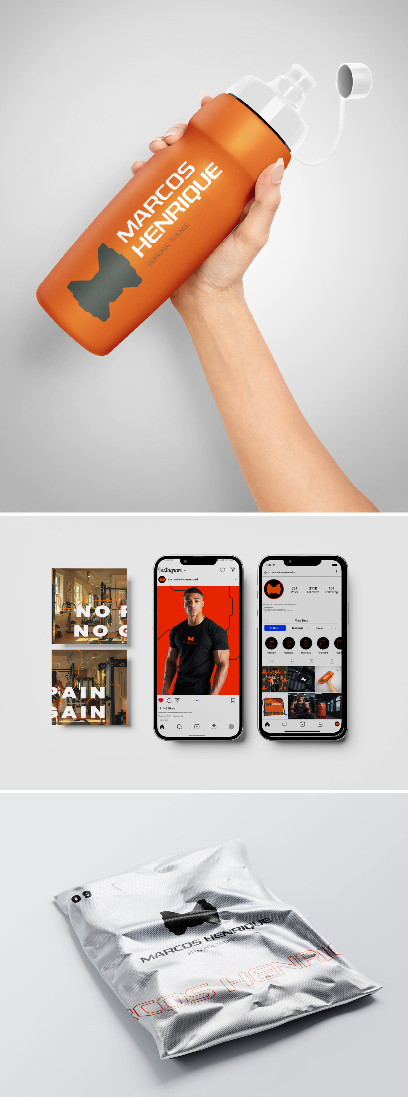 Mão segurando squeeze/garrafa térmica laranja com o nome 'MARCOS HENRIQUE' e logotipo da marca em destaque, com elementos gráficos ao fundo. Mockup de redes sociais mostrando perfil do Instagram de Marcos Henrique Personal Trainer em smartphones, com posts de academia e identidade visual laranja e preta.Camiseta branca dobrada com logotipo de Marcos Henrique Personal Trainer aplicado em preto, apresentada sobre fundo neutro