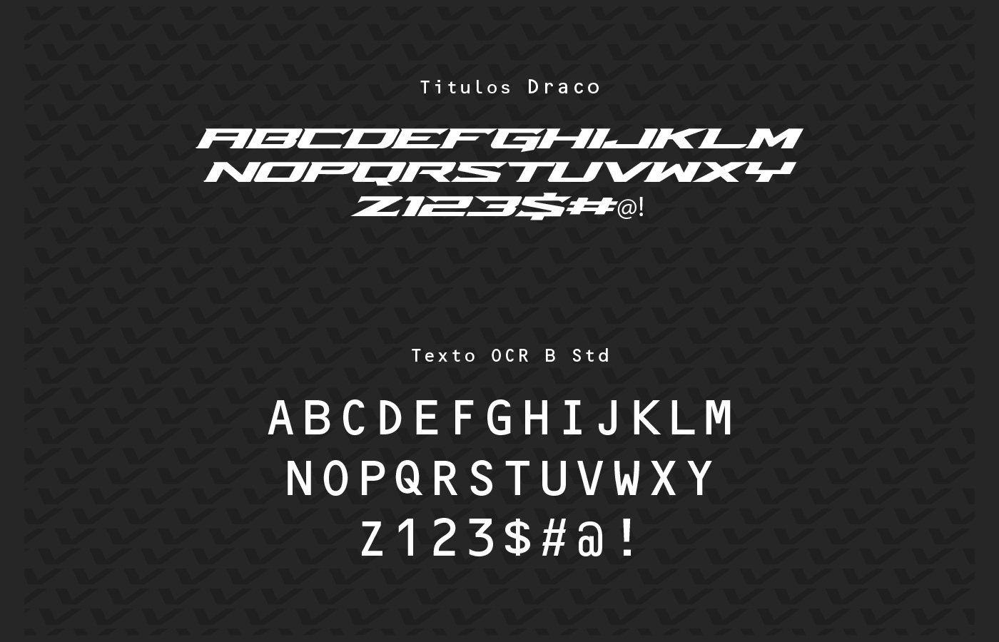 Apresentação tipográfica mostrando fonte 'Títulos Draco' em estilo itálico angular e 'Texto OCR B Std' em caracteres limpos, ambas sobre fundo texturizado escuro.