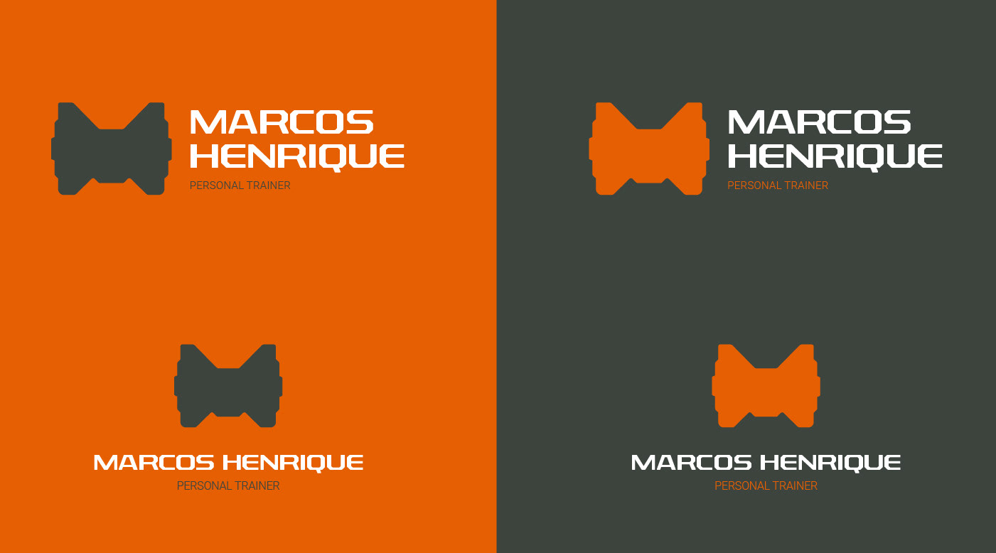 Quatro variações do logotipo de Marcos Henrique Personal Trainer, mostrando símbolo de halter estilizado em diferentes combinações de cores laranja e cinza escuro