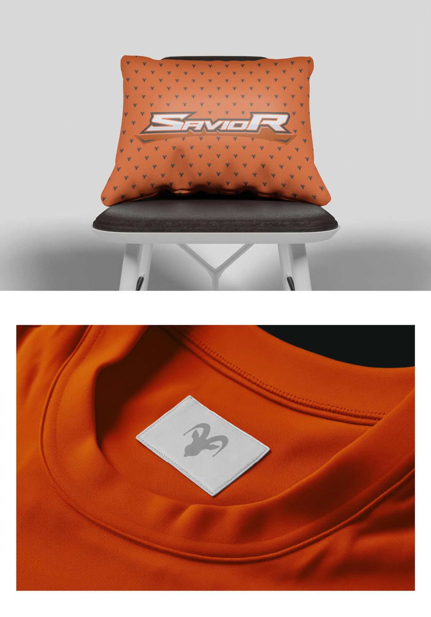 Almofada decorativa laranja com padrão repetido de íbex pequenos em cinza e logo Saviors centralizado, posicionada sobre cadeira moderna.