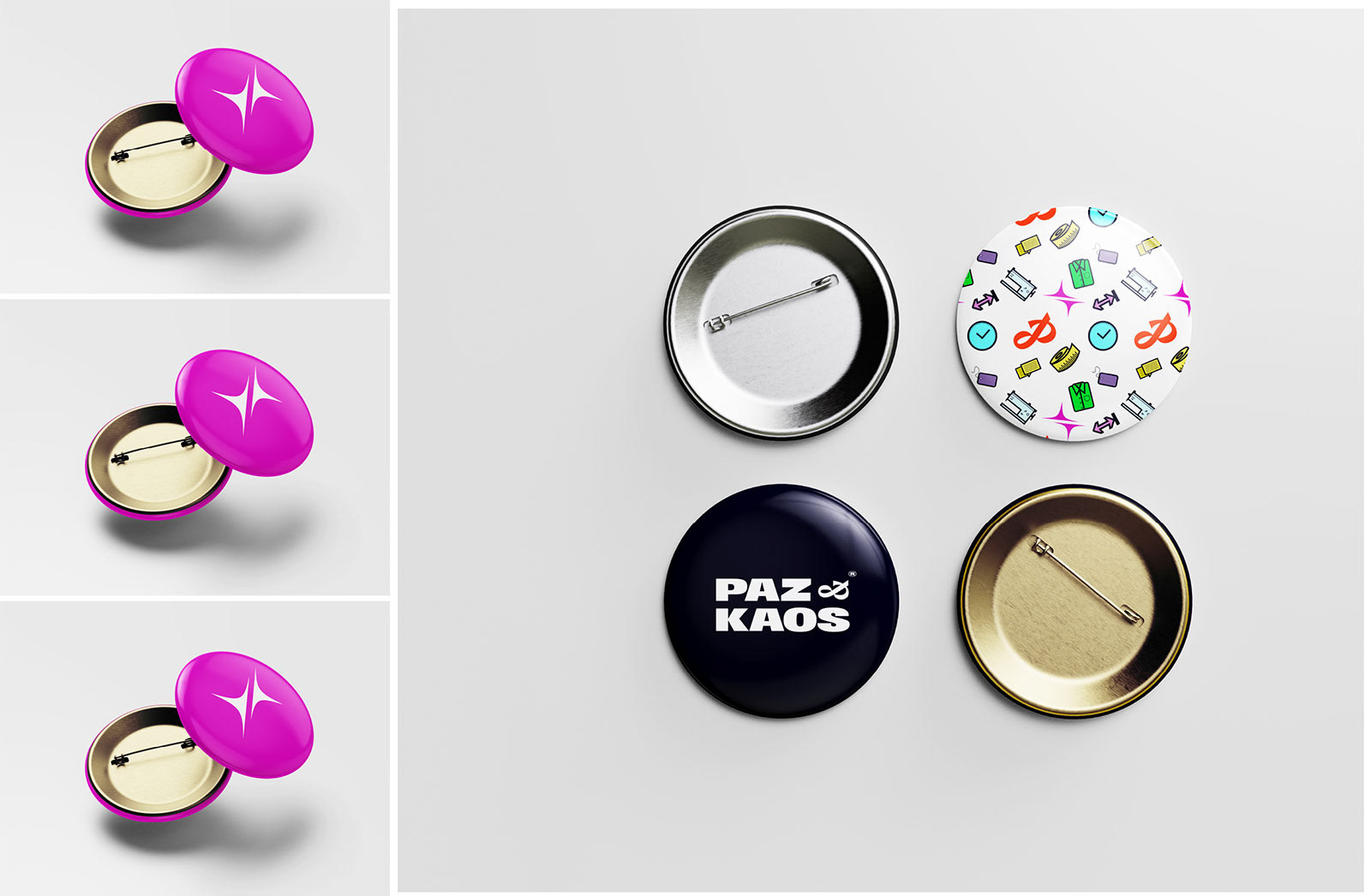 boton, com logotipo da Paz & Kaos aplicado. Logotipo em mockup.