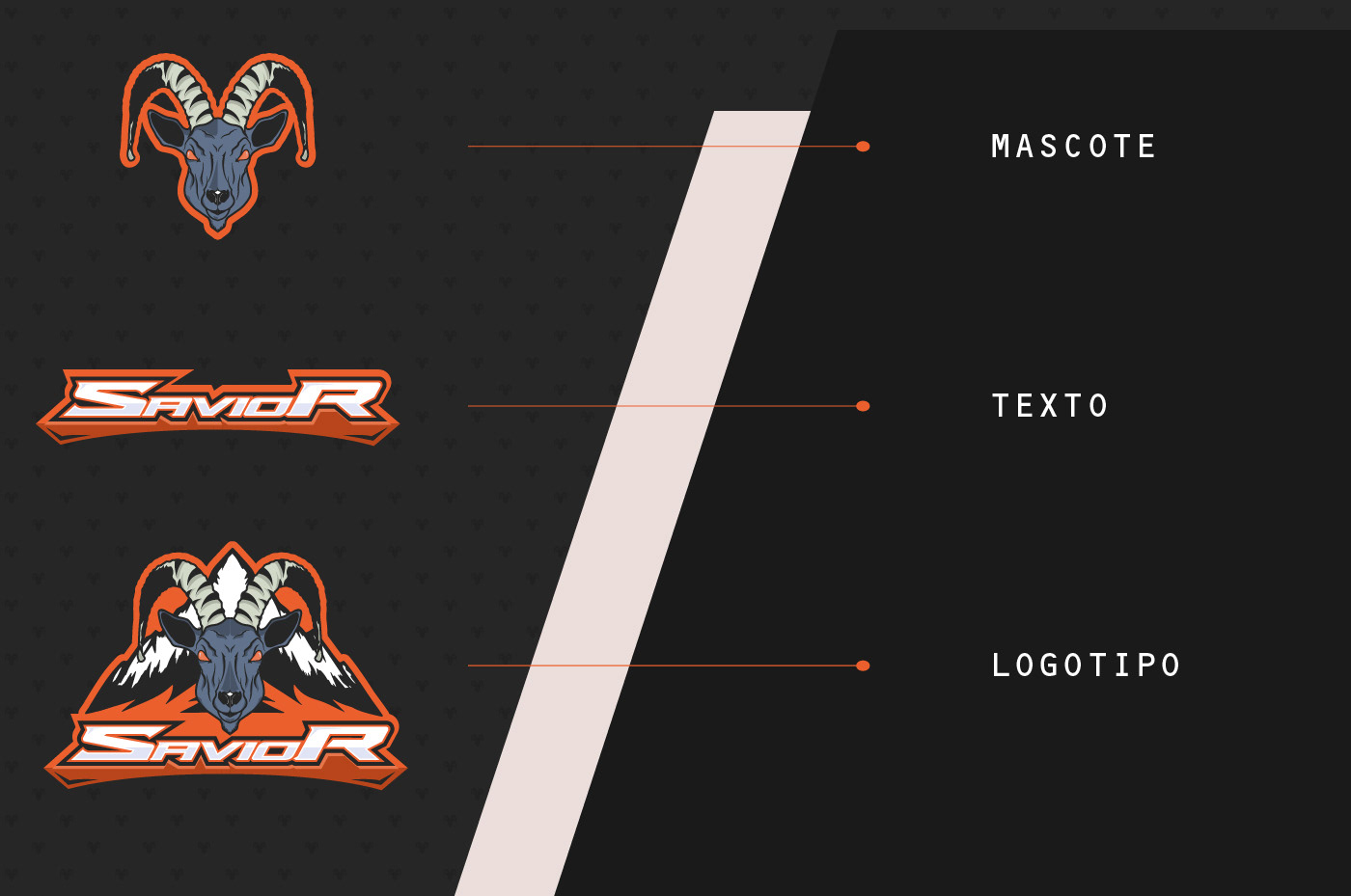 Apresentação da identidade visual Saviors mostrando mascote de íbex isolado, logotipo com texto estilizado e versão completa combinando mascote e texto em esquema de cores laranja e cinza.