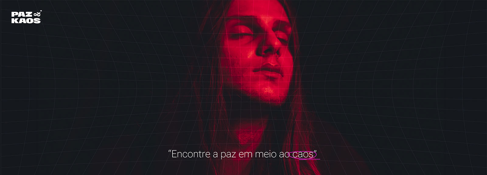 Arte conceitual Paz&Kaos com retrato masculino em tons vermelhos e frase "Encontre a paz em meio ao caos" - campanha publicitária streetwear