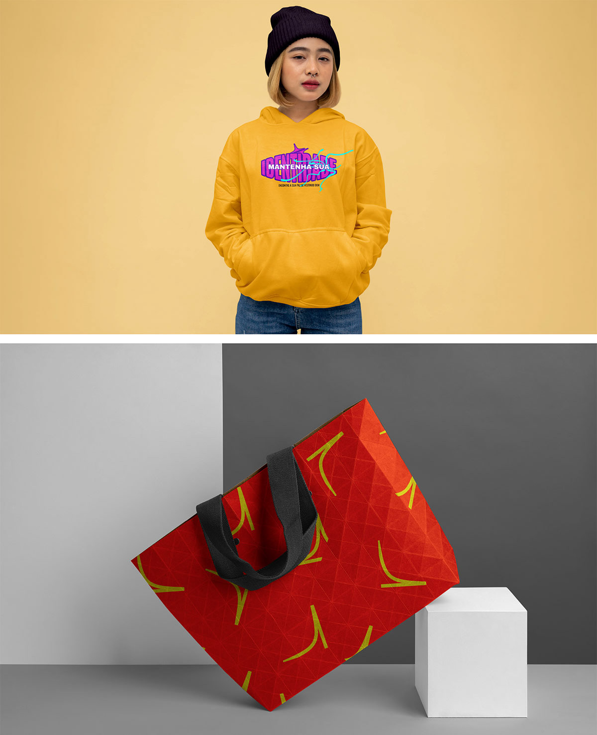 Sacola de compras vermelha com padrão de pássaros amarelos da marca Paz&Kaos - packaging e identidade visual aplicada