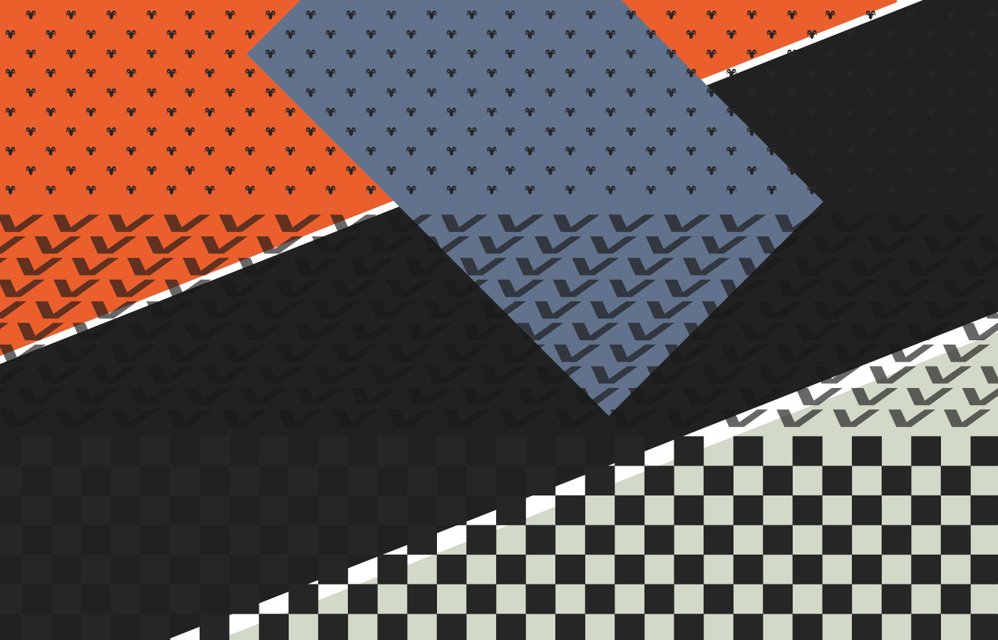 Padrões geométricos em camadas sobrepostas com texturas de formas pequenas repetidas, apresentando gradiente de cores laranja a cinza sobre fundo preto, com detalhes em padrão xadrez.