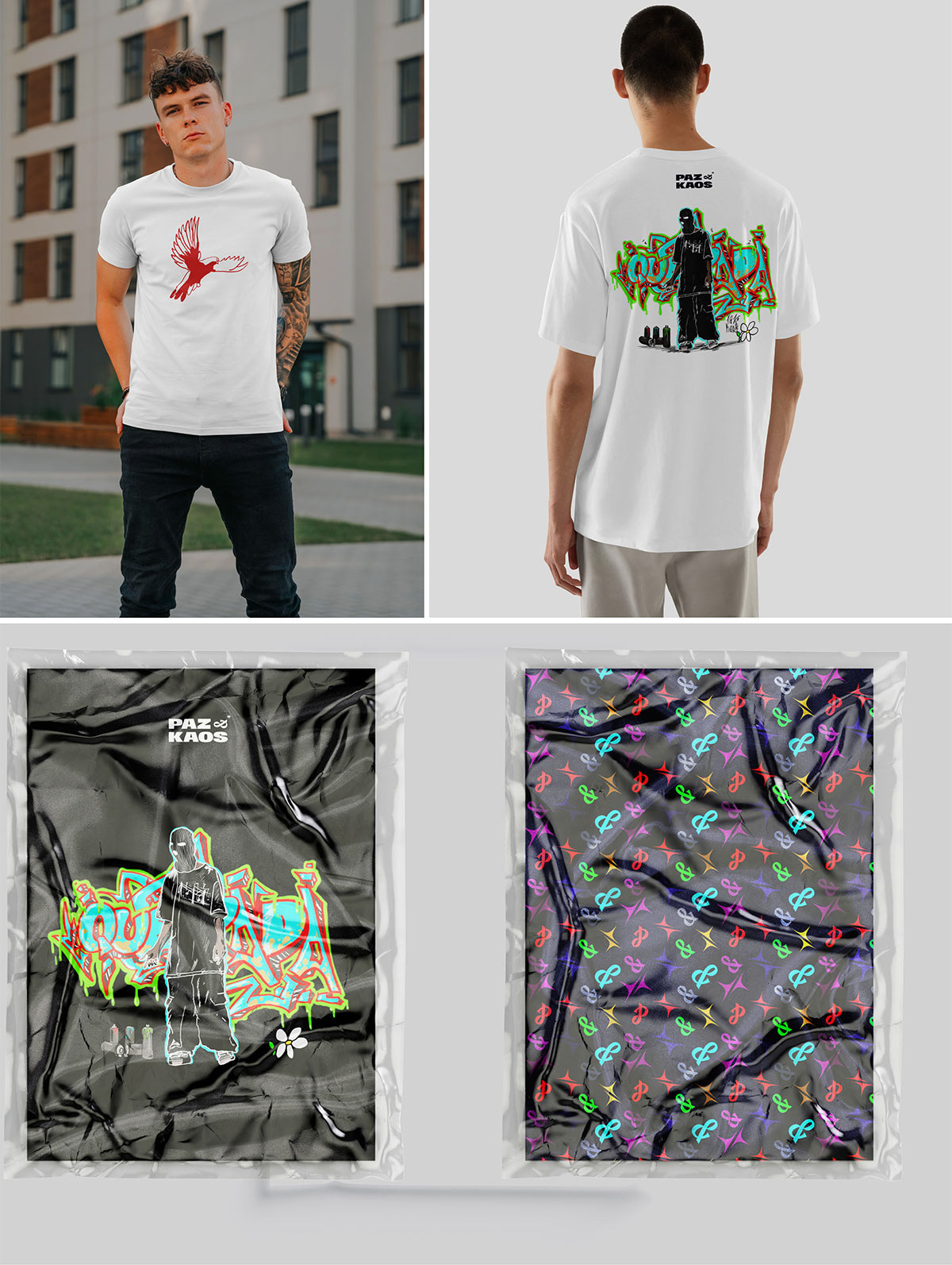 Mockup de camisetas Paz&Kaos: frente com pássaro vermelho e verso com arte urbana colorida - produtos de moda streetwear