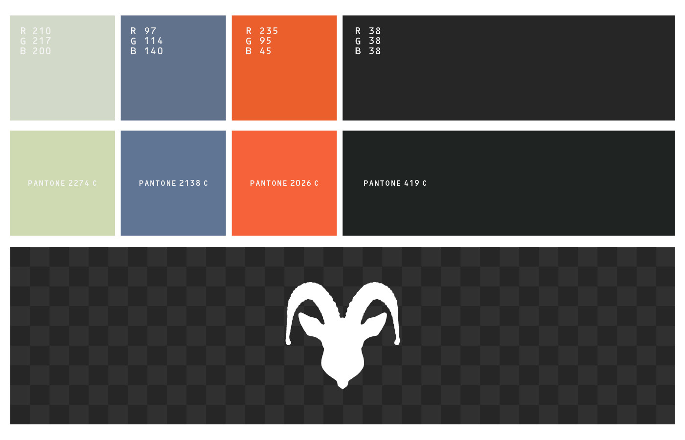 Paleta de cores oficial apresentando quatro tons: bege claro, cinza azulado, laranja vibrante e preto, com códigos RGB e referências Pantone, além de mascote íbex em versão monocromática branca.