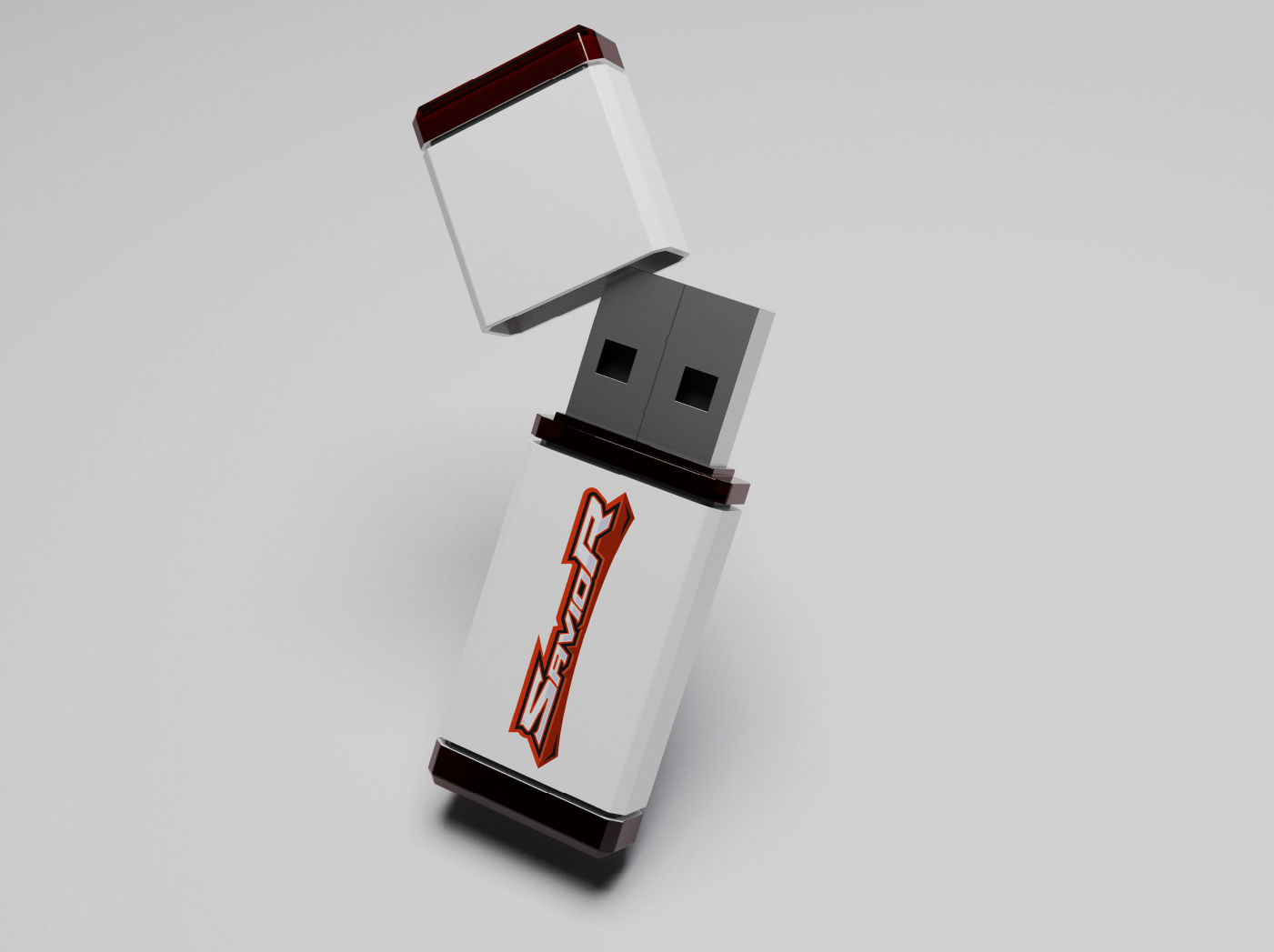 Pendrive USB branco com logo Saviors em laranja aplicado na lateral, mostrando aplicação da marca em produto tecnológico corporativo.