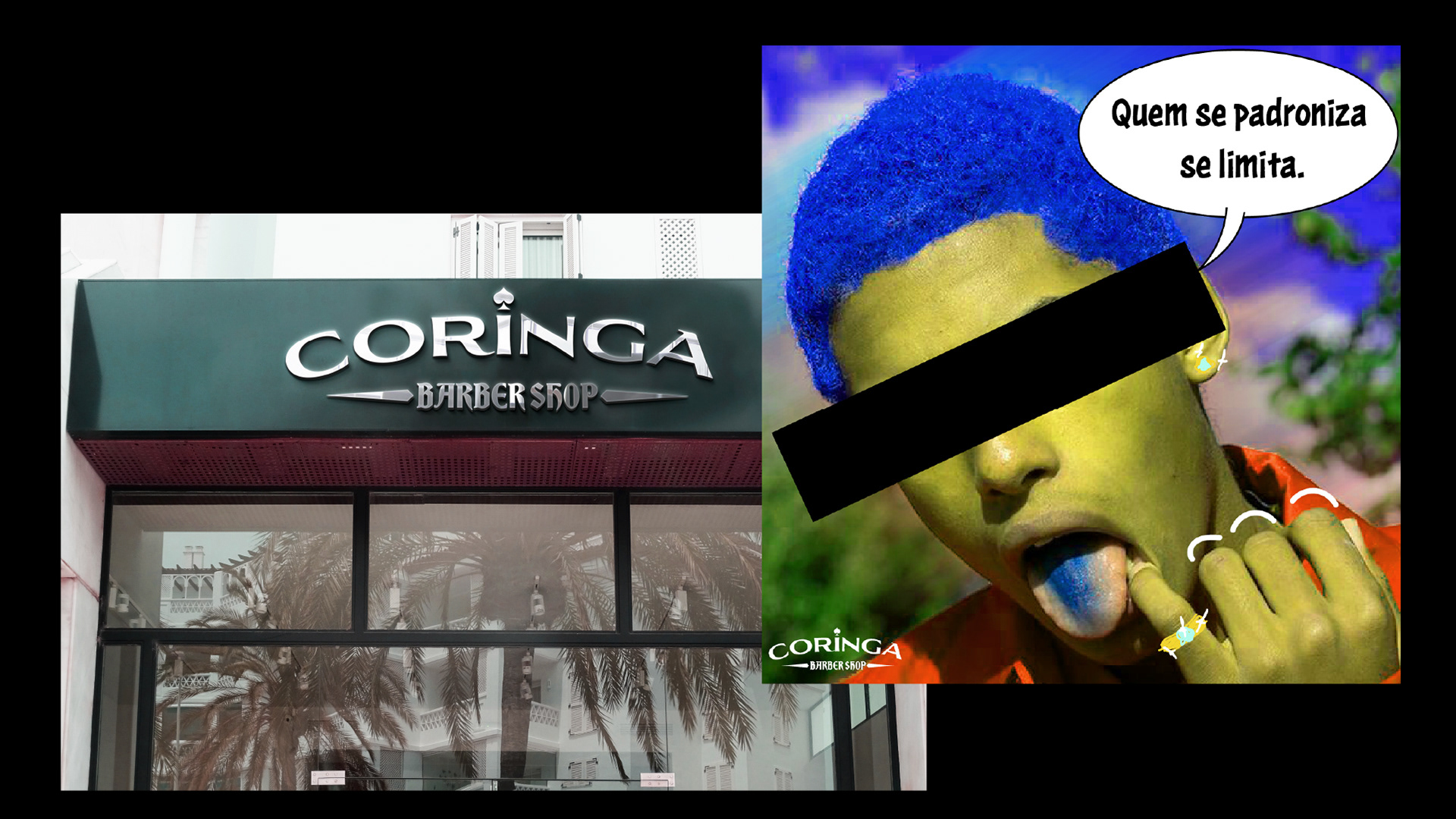 Fachada da Coringa Barber Shop com letreiro cromado, janelas amplas mostrando o interior da barbearia, ao lado um meme do personagem Coringa com óculos escuros e o texto 'Quem se padroniza se limita