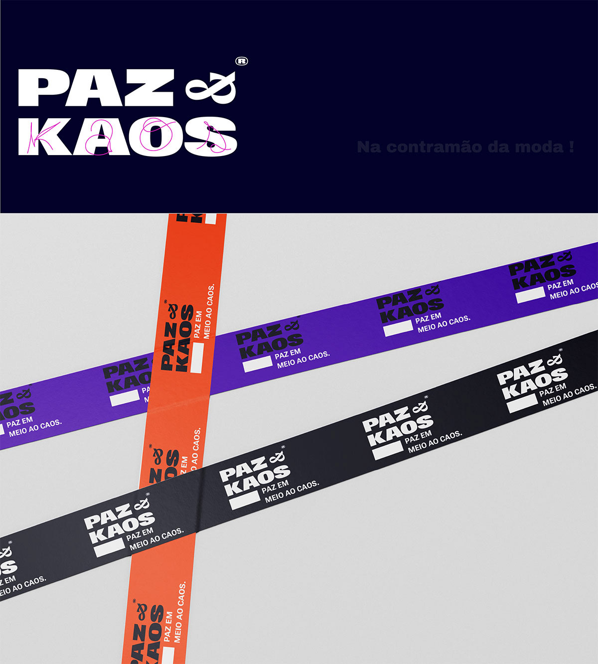 Fitas adesivas personalizadas da marca Paz&Kaos em cores roxo, laranja e preto com slogan "Paz em meio ao caos" - identidade visual streetwear