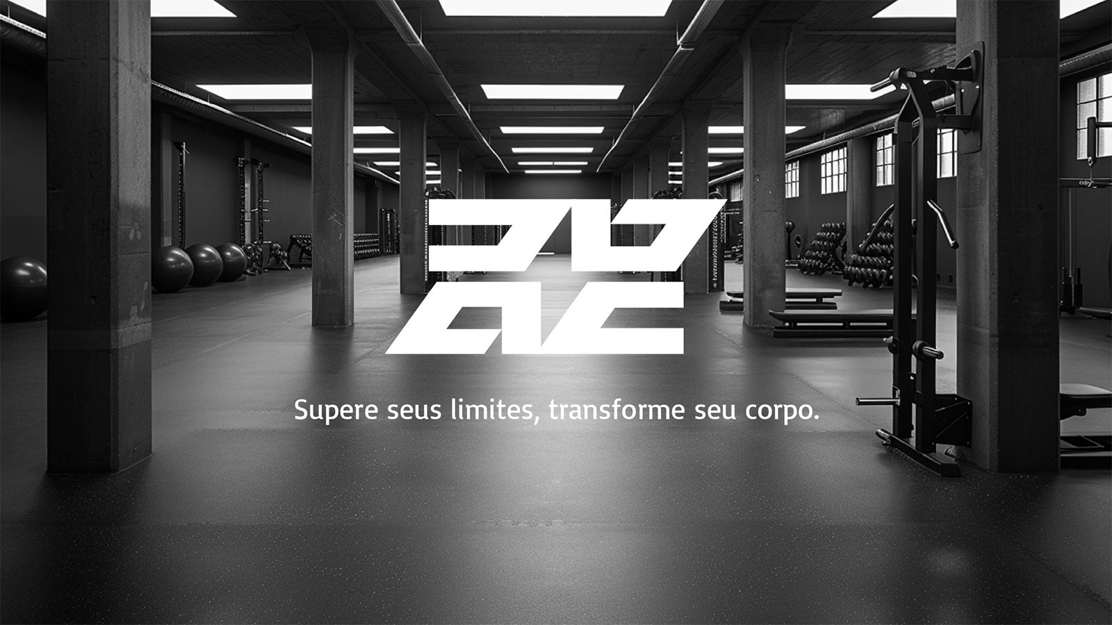 Logotipo fixado em cenário com reforço d e identidade. Tagline "Supere seus limites, transforme seu corpo".