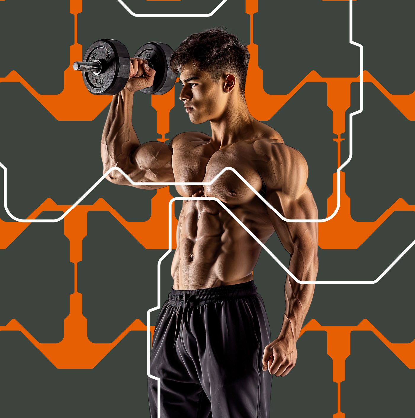 Homem atlético sem camisa realizando exercício com halter em academia, com padrão gráfico laranja e branco sobreposto criando composição dinâmica