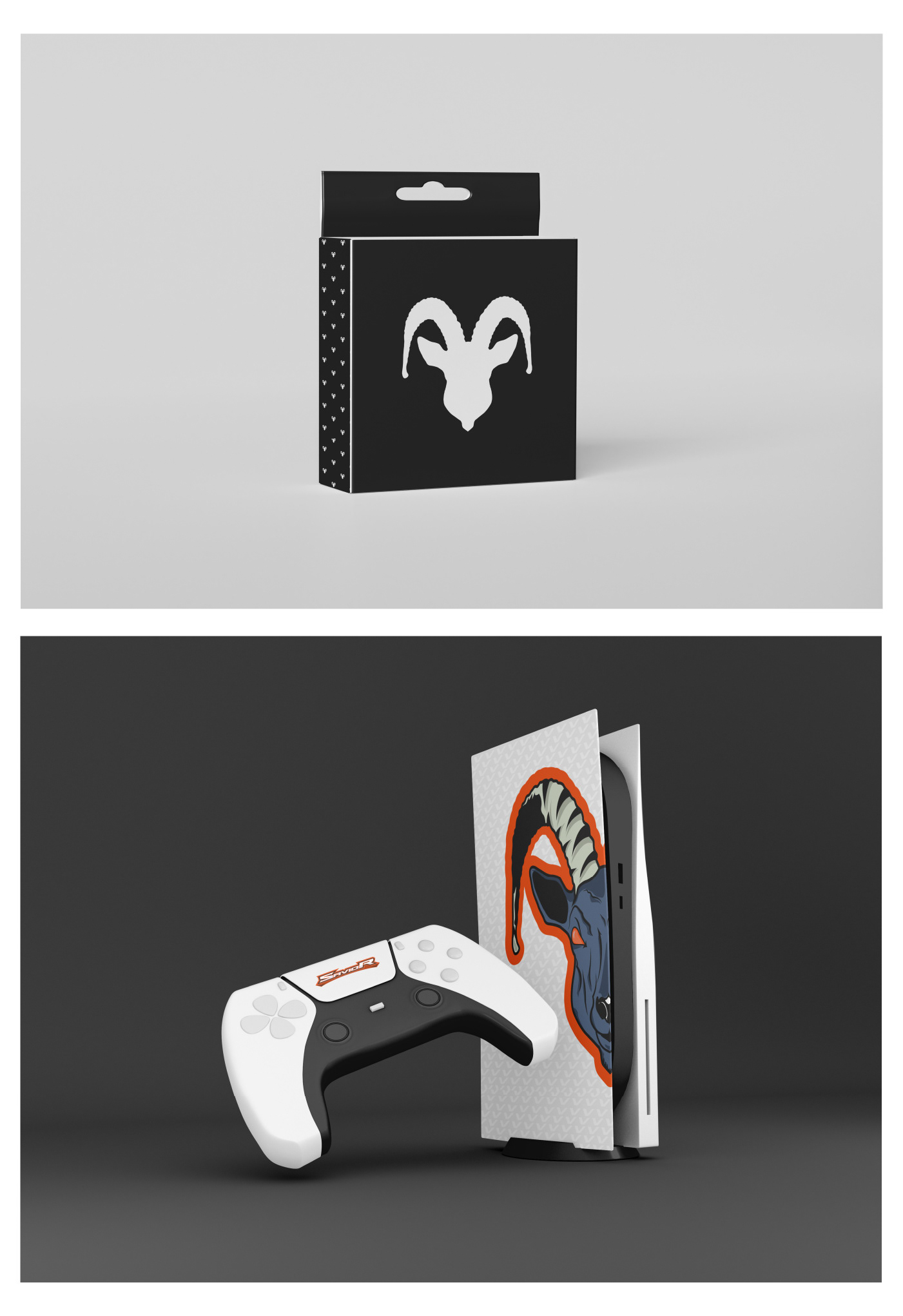 Console PlayStation 5 com skin personalizada apresentando grande ilustração do mascote íbex em laranja e cinza, acompanhado de controle DualSense branco com logo Saviors.