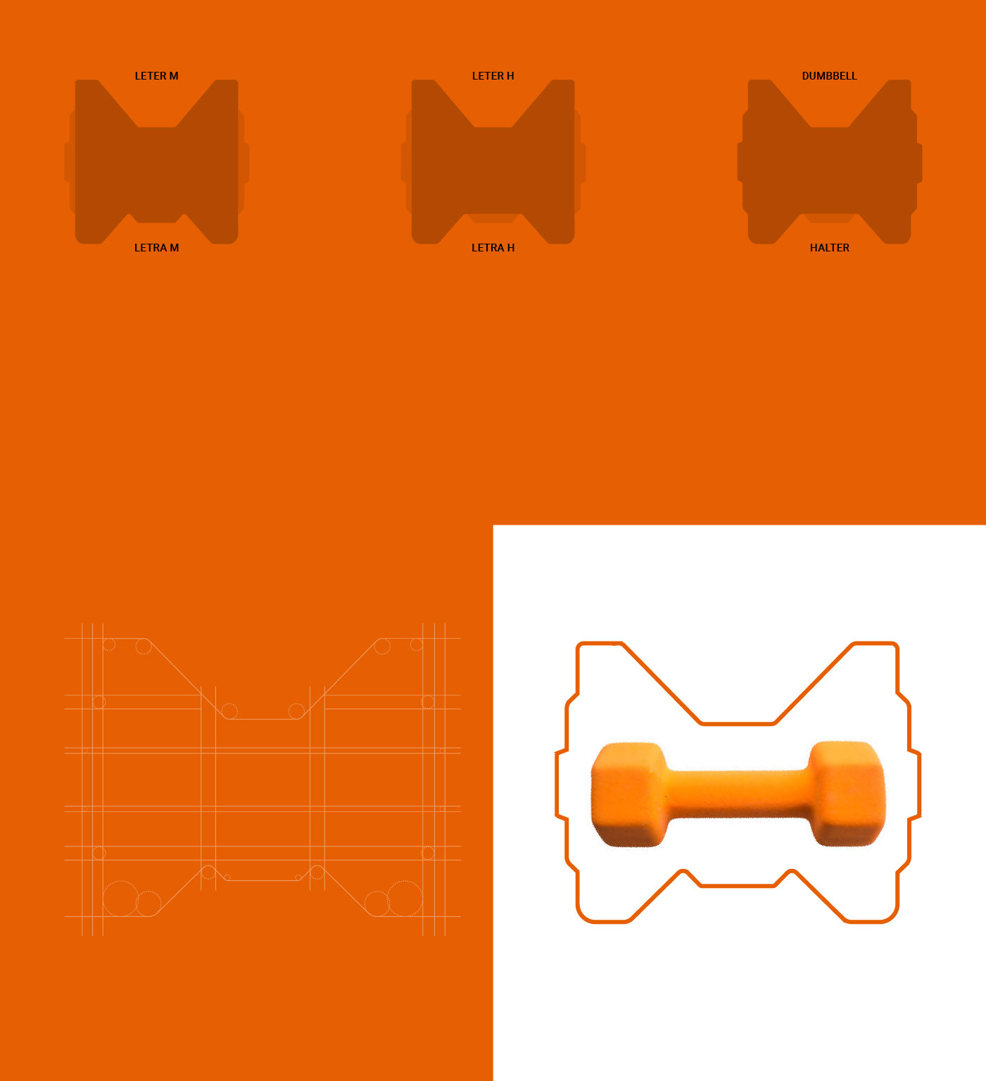 Três variações do símbolo da marca em formato de halter sobre fundo laranja, com labels identificando 'LETER M', 'LETER H' e 'DUMBBELL HALTER. Construção técnica do logotipo mostrando grid de desenvolvimento à esquerda e versão final do símbolo de halter laranja sobre fundo branco à direita