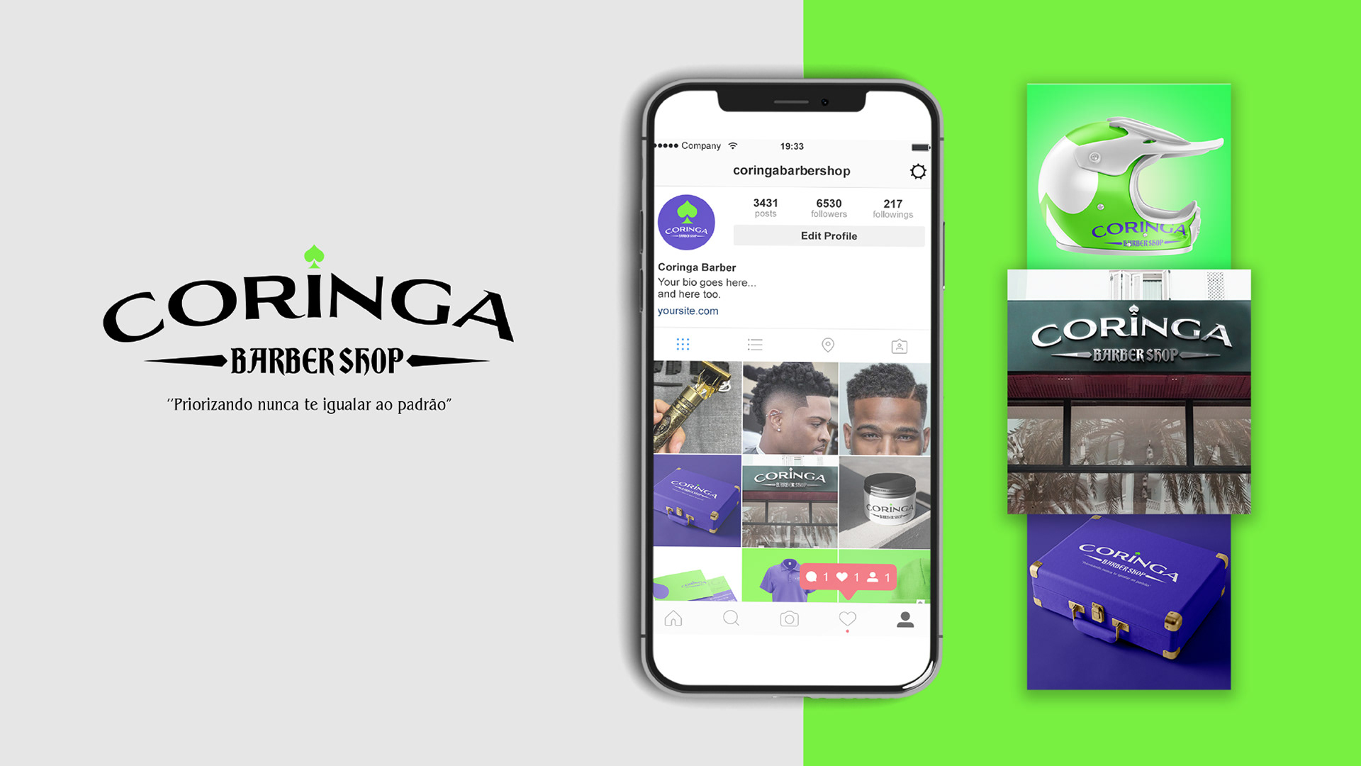 Mockup de celular mostrando o perfil do Instagram @coringabarbershop com logo circular roxo, estatísticas de seguidores e grid de posts da barbearia, ao lado elementos da identidade visual