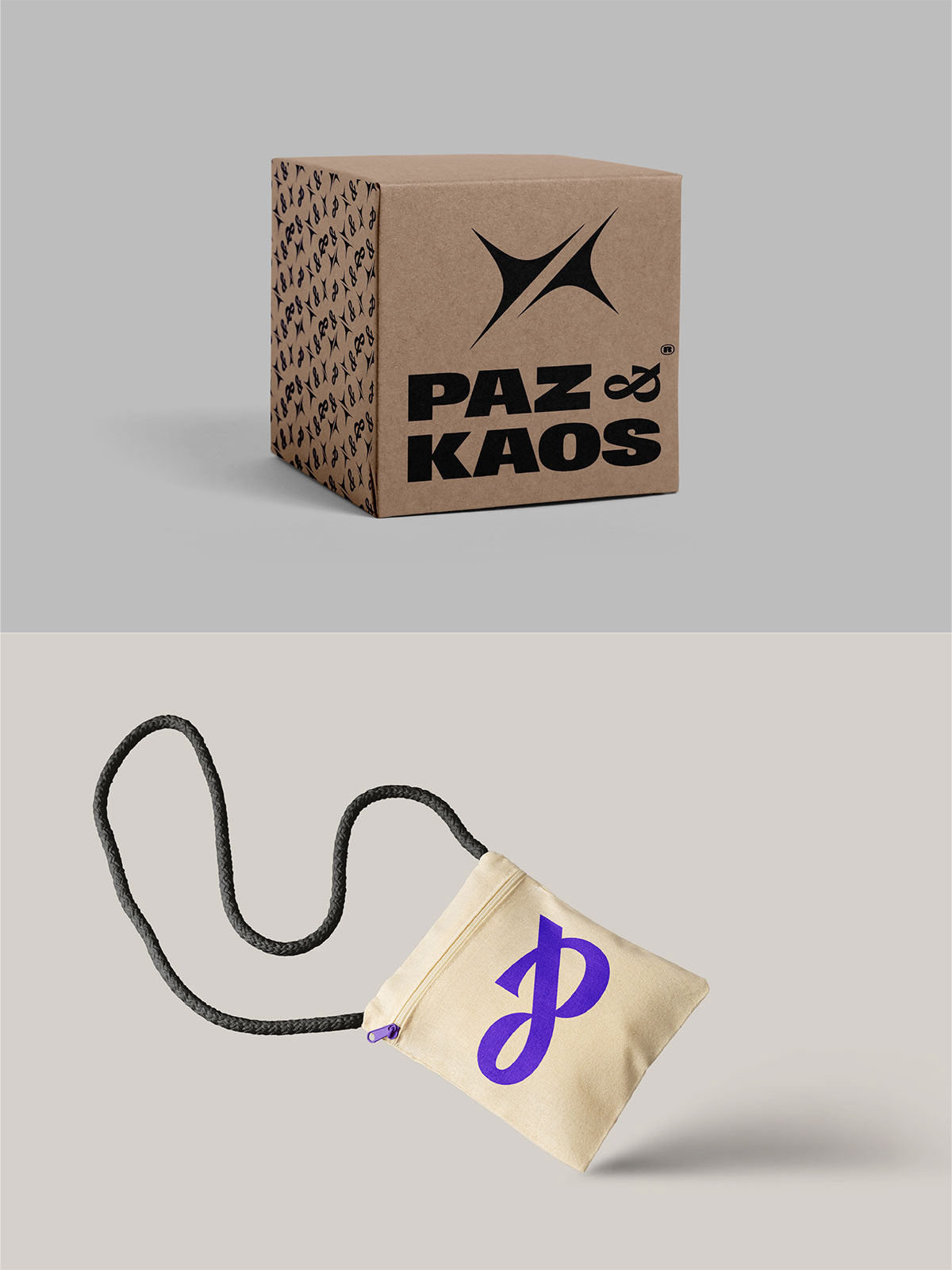 Caixa de papelão kraft com logo Paz&Kaos e padrão de pássaros nas laterais - embalagem sustentável e branding