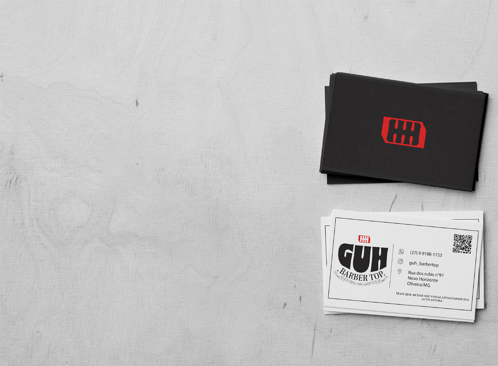 Cartão de visita personalizado para Guh Barber Top com aplicação da identidade visual em preto e vermelho, transmitindo sofisticação e atitude.
