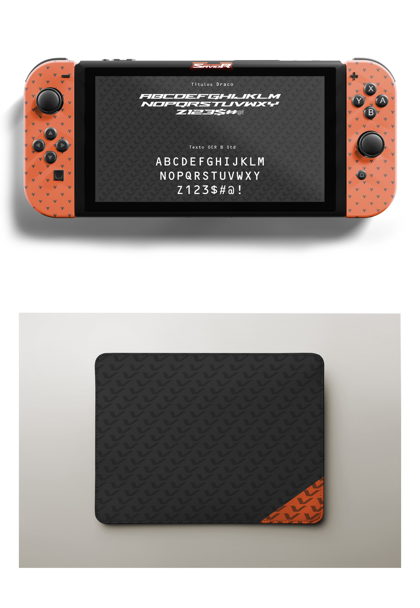 Console Nintendo Switch personalizado com Joy-Cons laranja decorados com padrão de íbex pequenos, exibindo na tela as tipografias Draco e OCR B Std da marca Saviors.