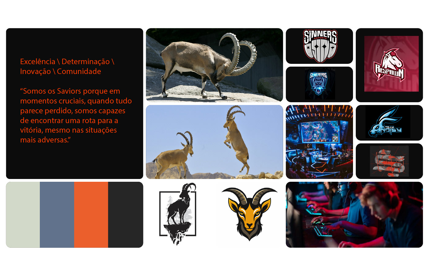 Moodboard da equipe Saviors mostrando fotografias de íbex (cabras montesas) saltando em montanhas, logos de equipes de e-sports, paleta de cores laranja e cinza, e citação motivacional sobre excelência e determinação.