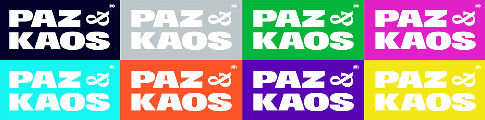 Paleta de cores da marca Paz&Kaos: azul marinho, cinza, verde, magenta, ciano, laranja, roxo e amarelo - identidade visual