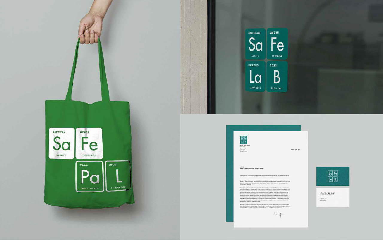 Mockup of Logos on tote bag, stickers, and letterheads