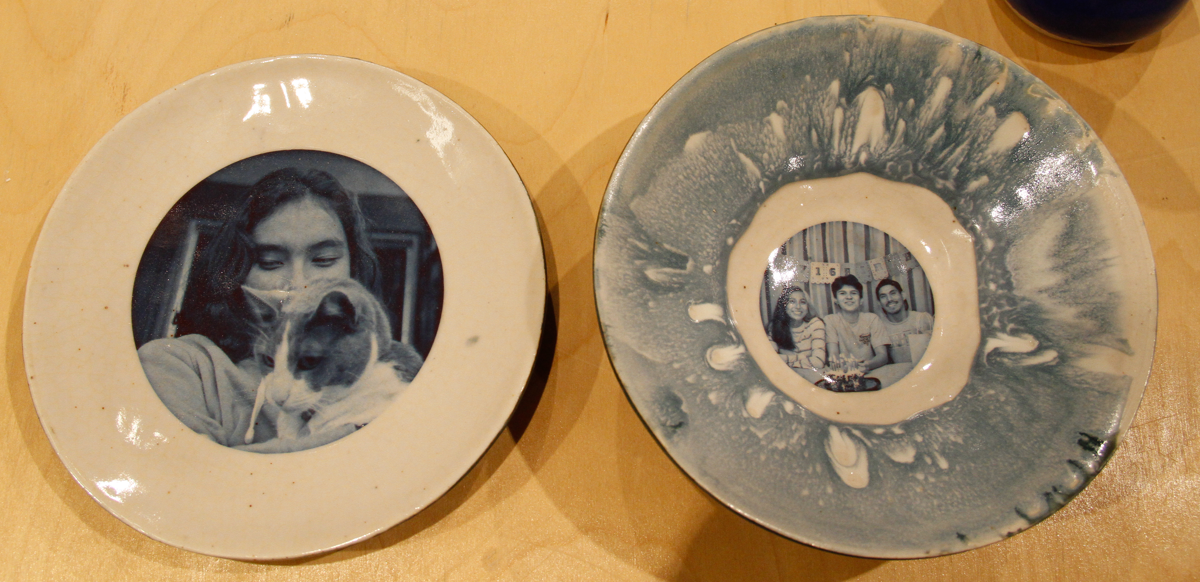 Sophia & Jose plate, Sam, Kai, & Dad bowl, from "It Takes a Village", 2023, porcelain 