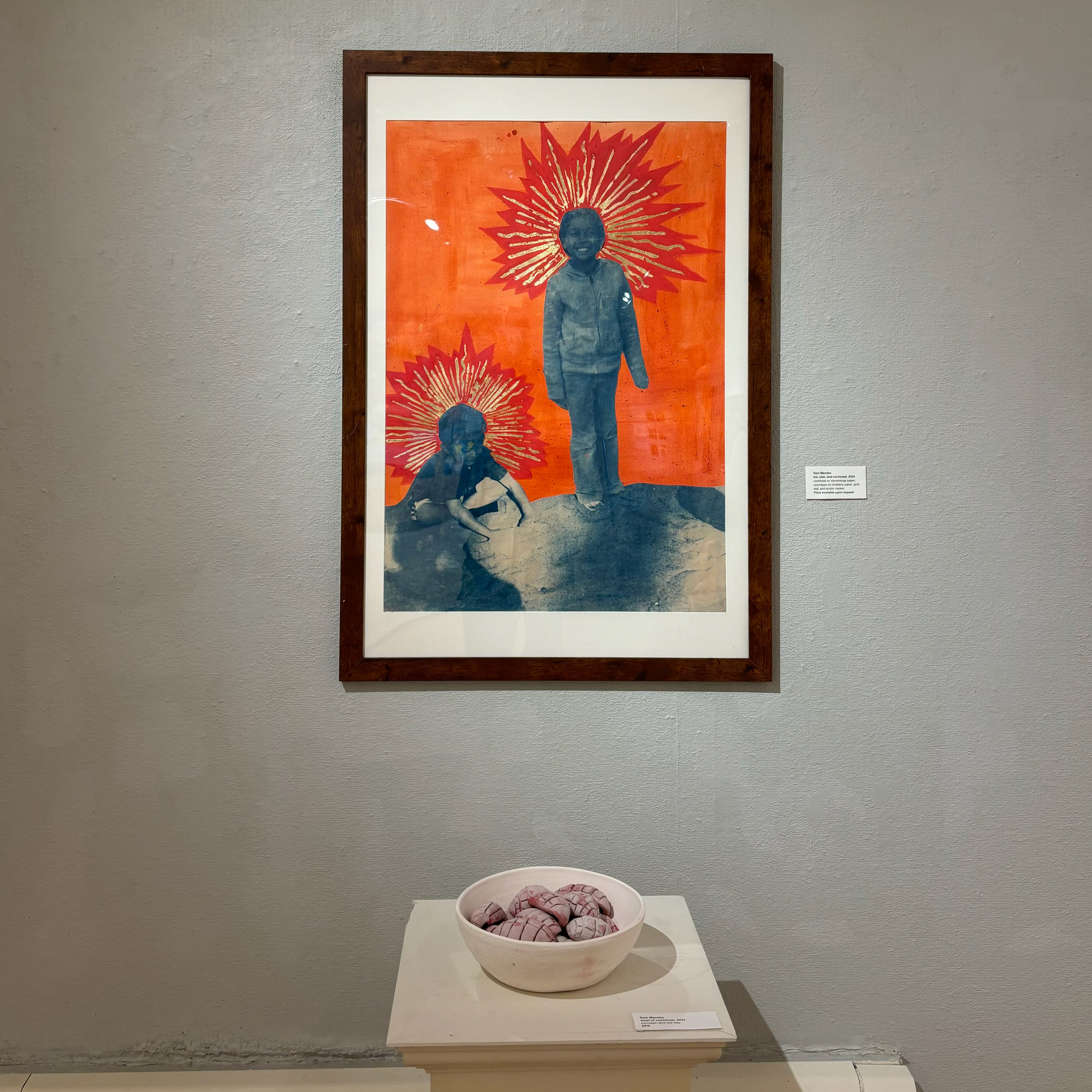 kai, sam, and cochineal (cochineal on stonehenge paper, cyanotype on mulberry paper, gold leaf, and acrylic marker)