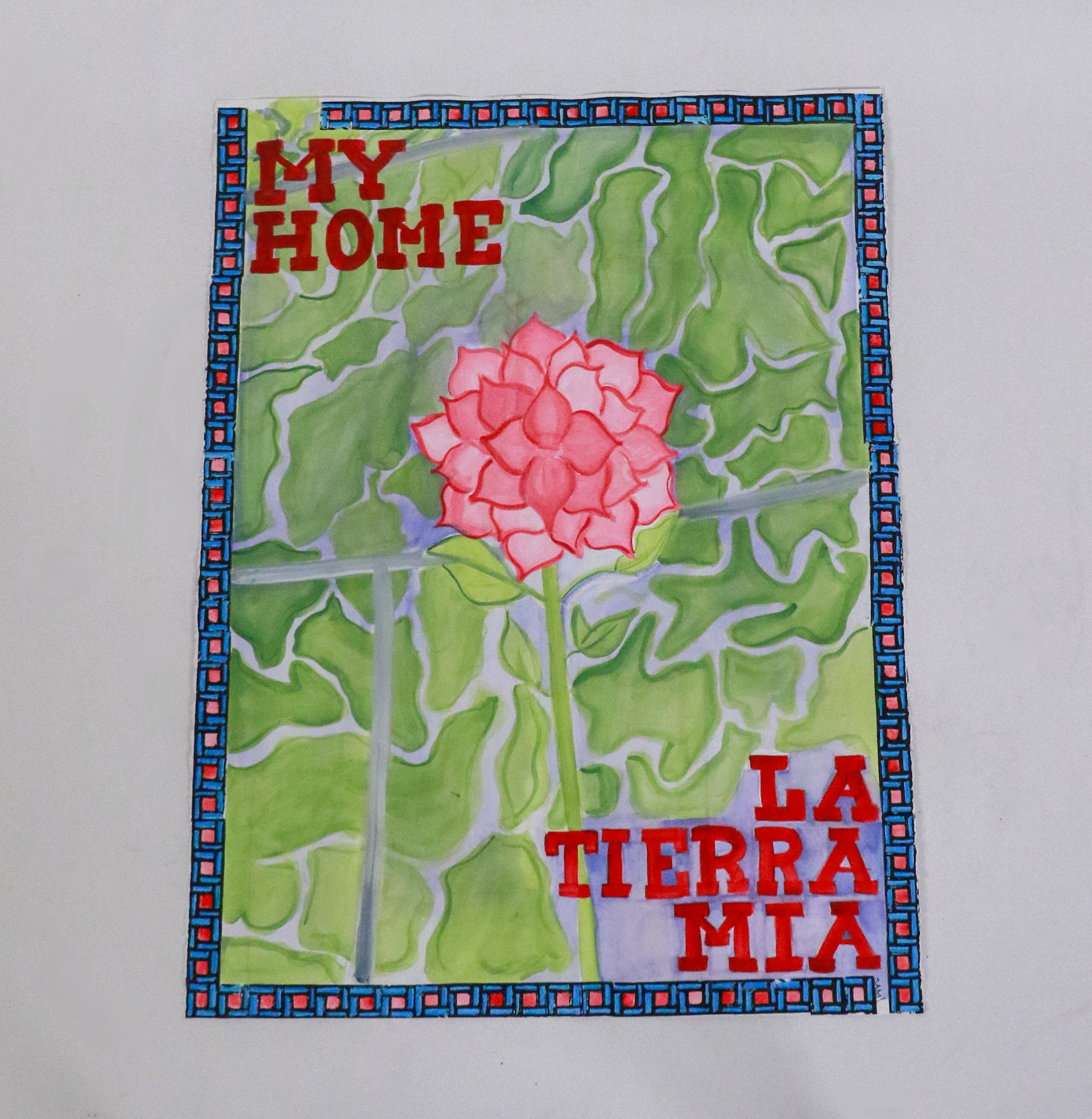 La Tierra Mia, My Home (2024), gouache and linoleum print on stonehenge