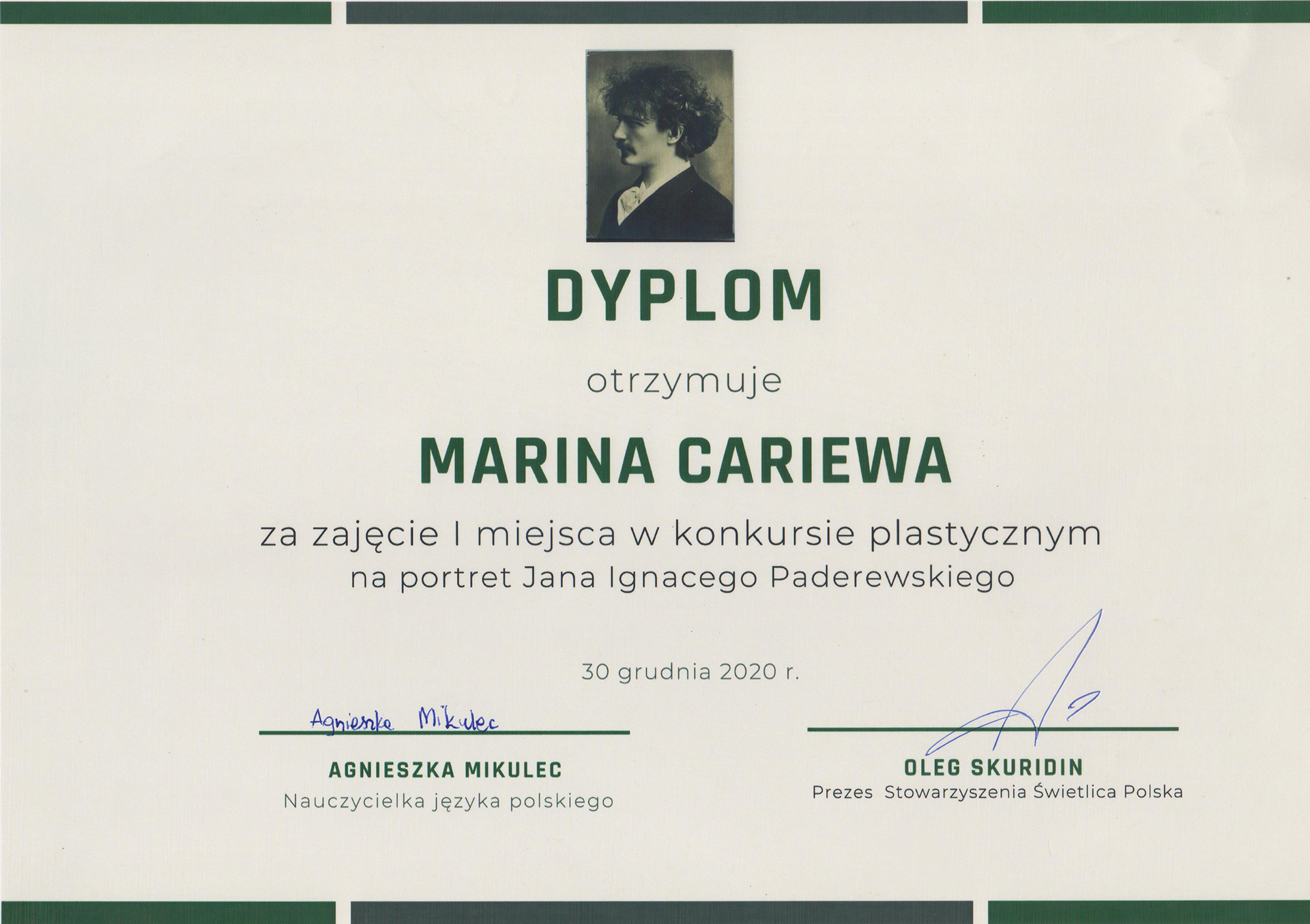1st place in the Competition of Ignacy Jan Paderewski Portrait Painting