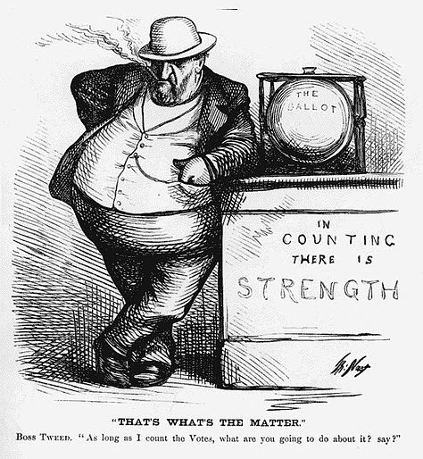 A Thomas Nast Cartoon of Boss Tweed as the counter of votes, from Harper's Weekly, 7 October 1871, page 944. Credit: https://www.masshist.org/database/5900