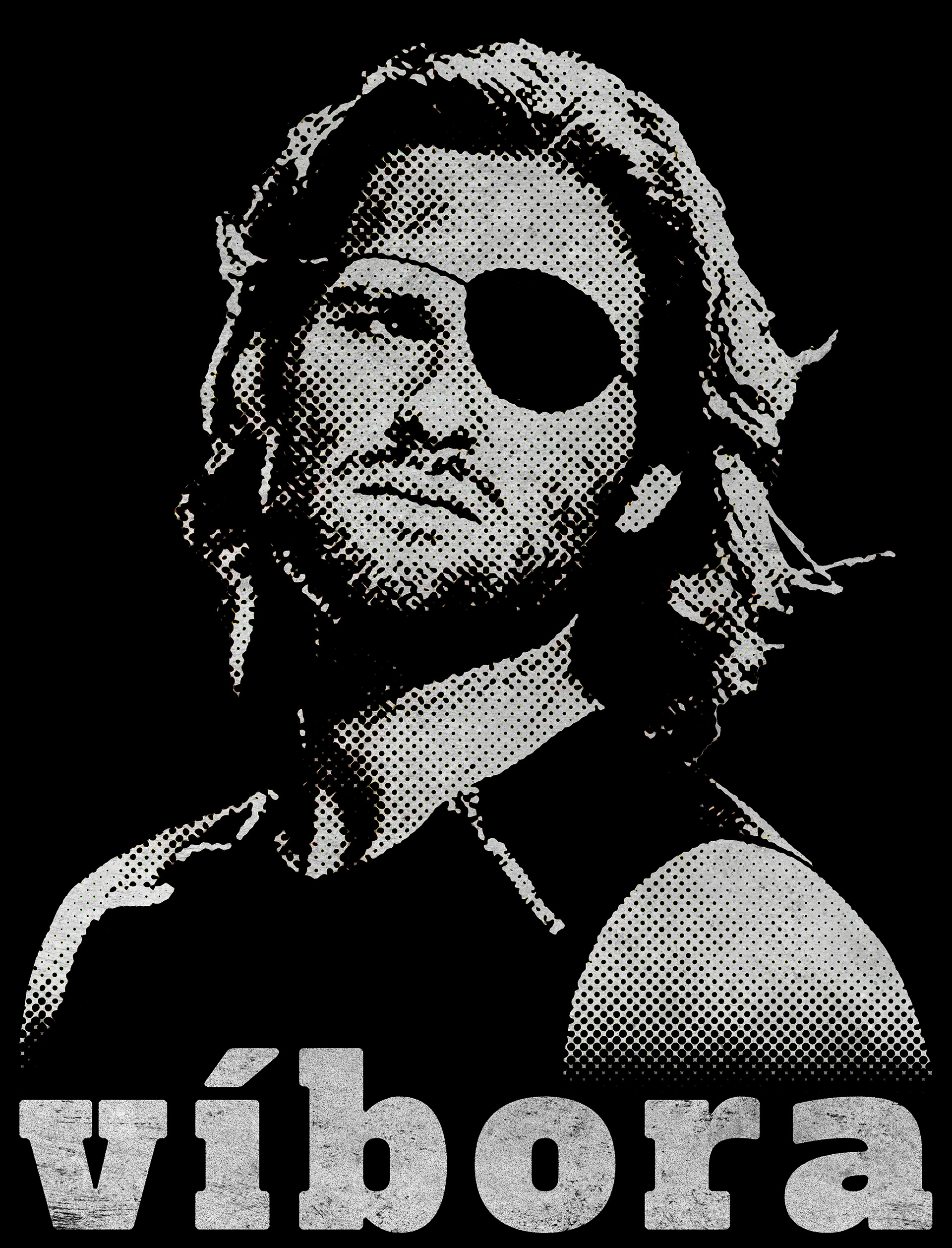 Halftone image of Snake Plissken; "víbora" means "snake" in Spanish