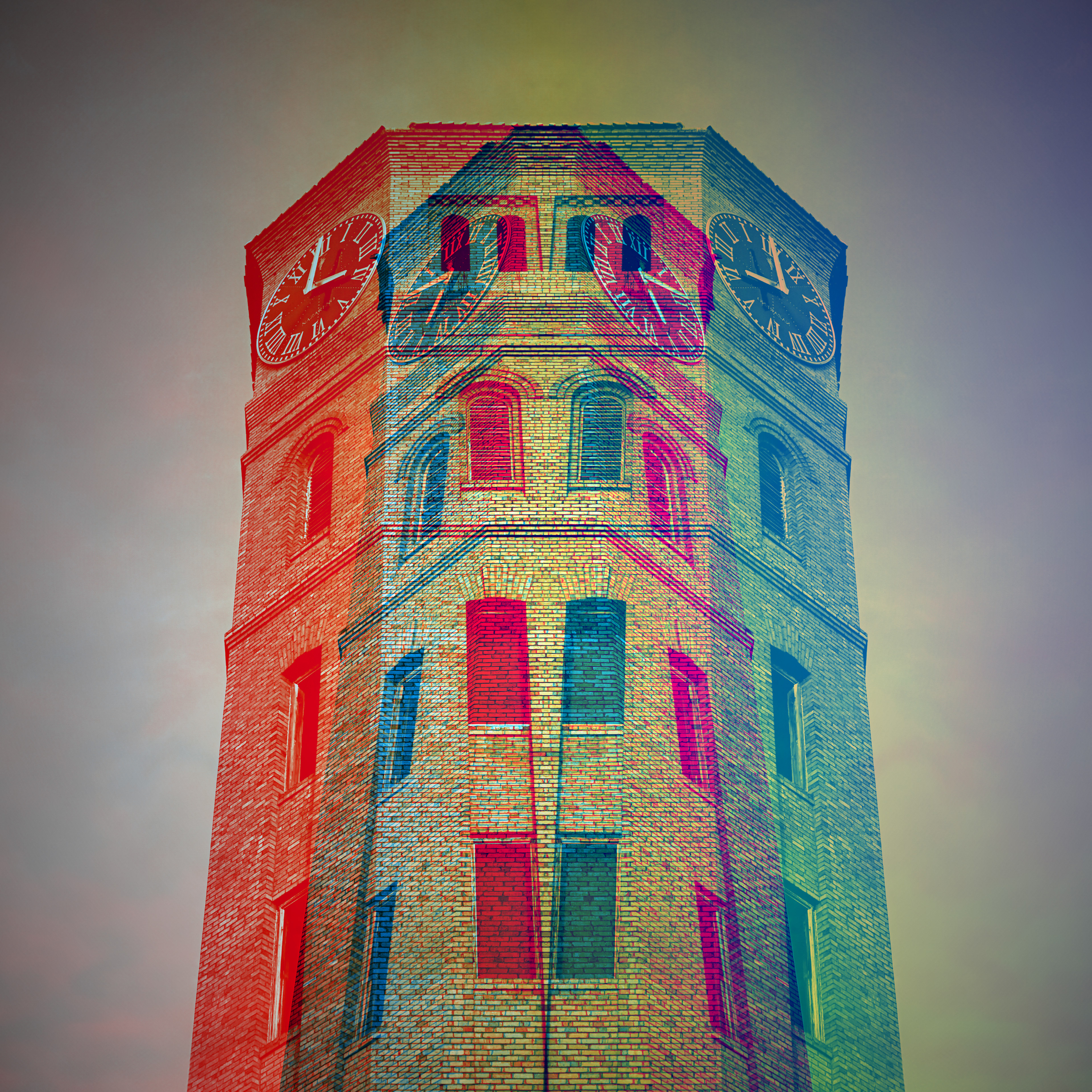 A double exposure of cigar factory clock tower in West Tampa, FL