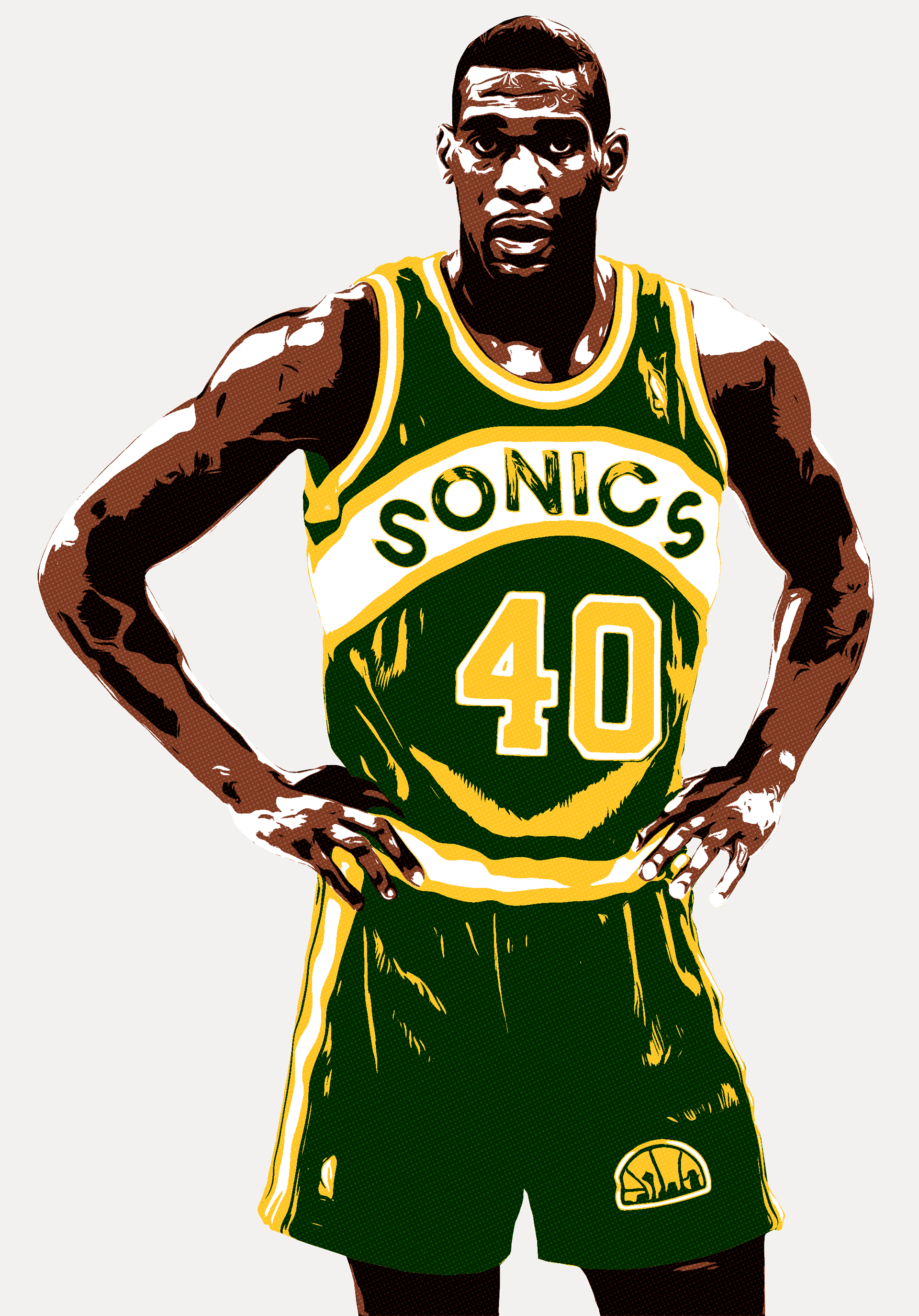 Illustration of Shawn Kemp playing for the Seattle Supersonics in the 1990s