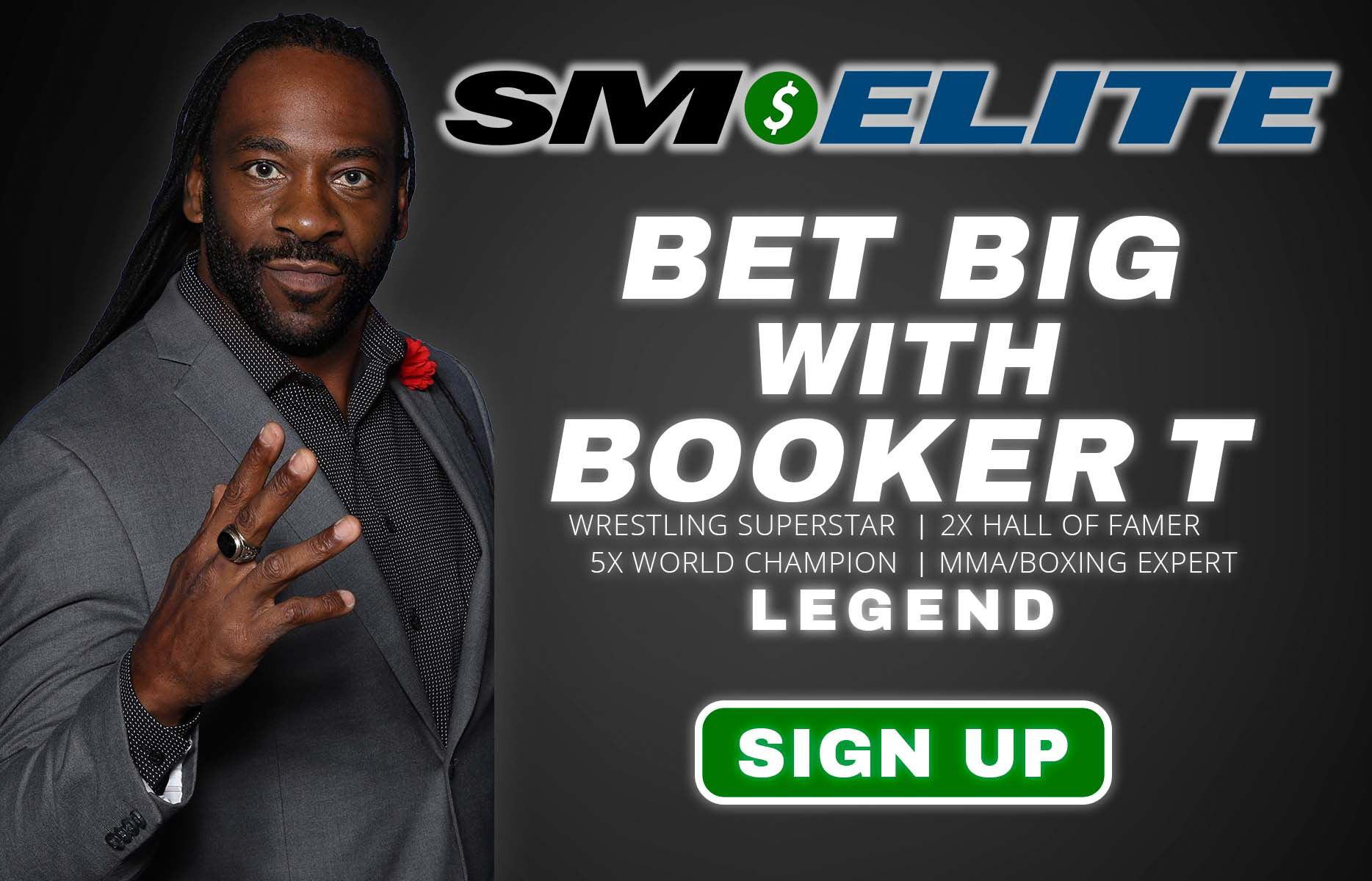 A hero image featuring Booker T for the landing page of Sportsmap Elite