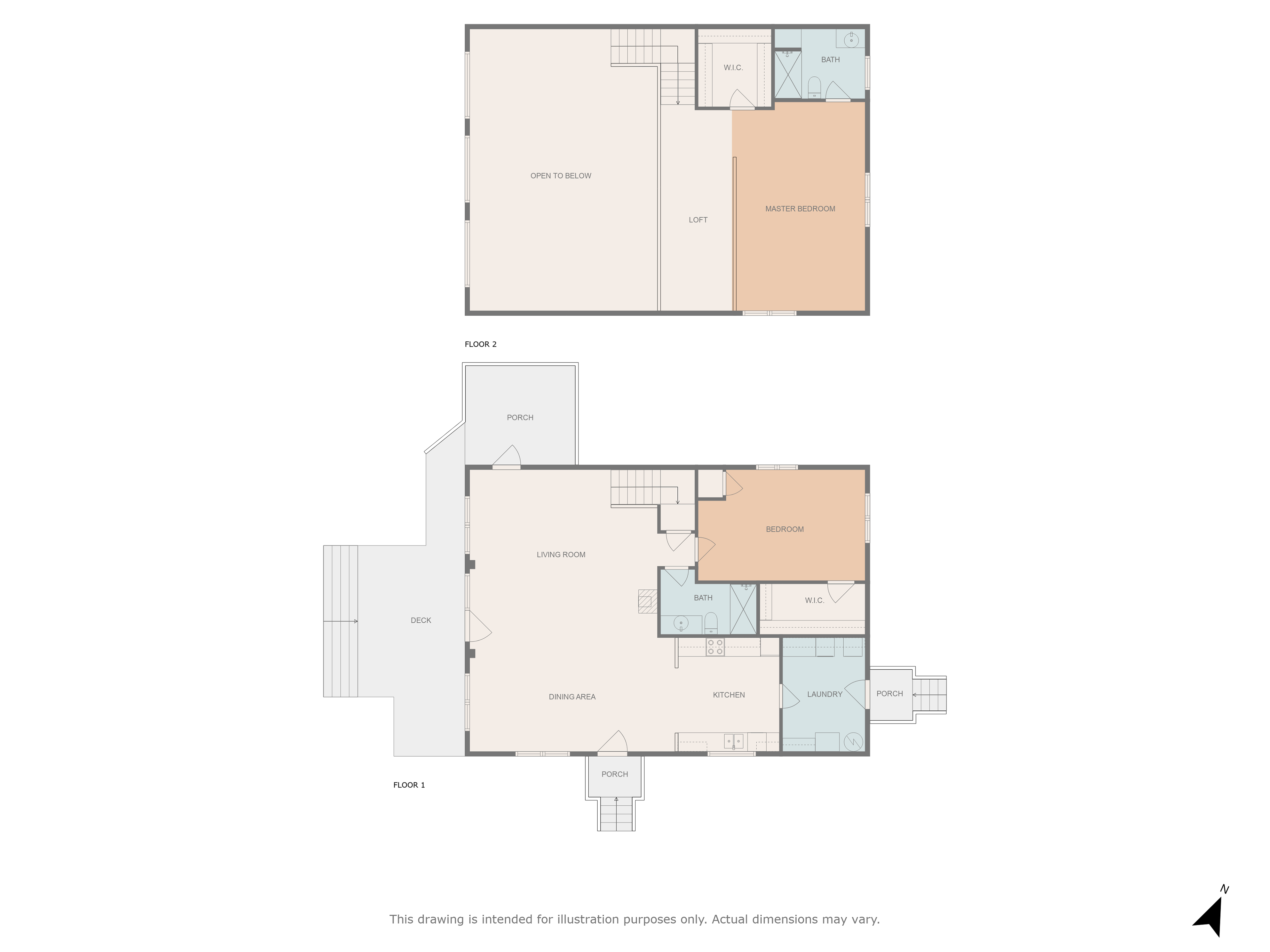 Multi-level floor plan with fixed furniture and appliances