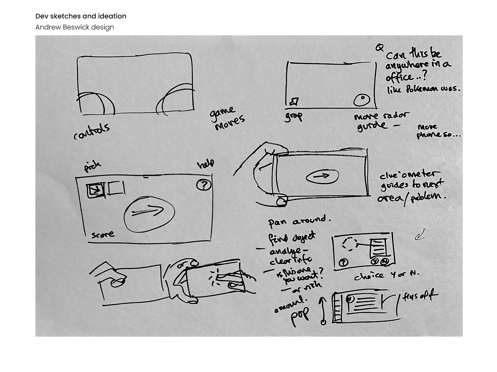 Initial sketches considered physical areas of screen, and controls.