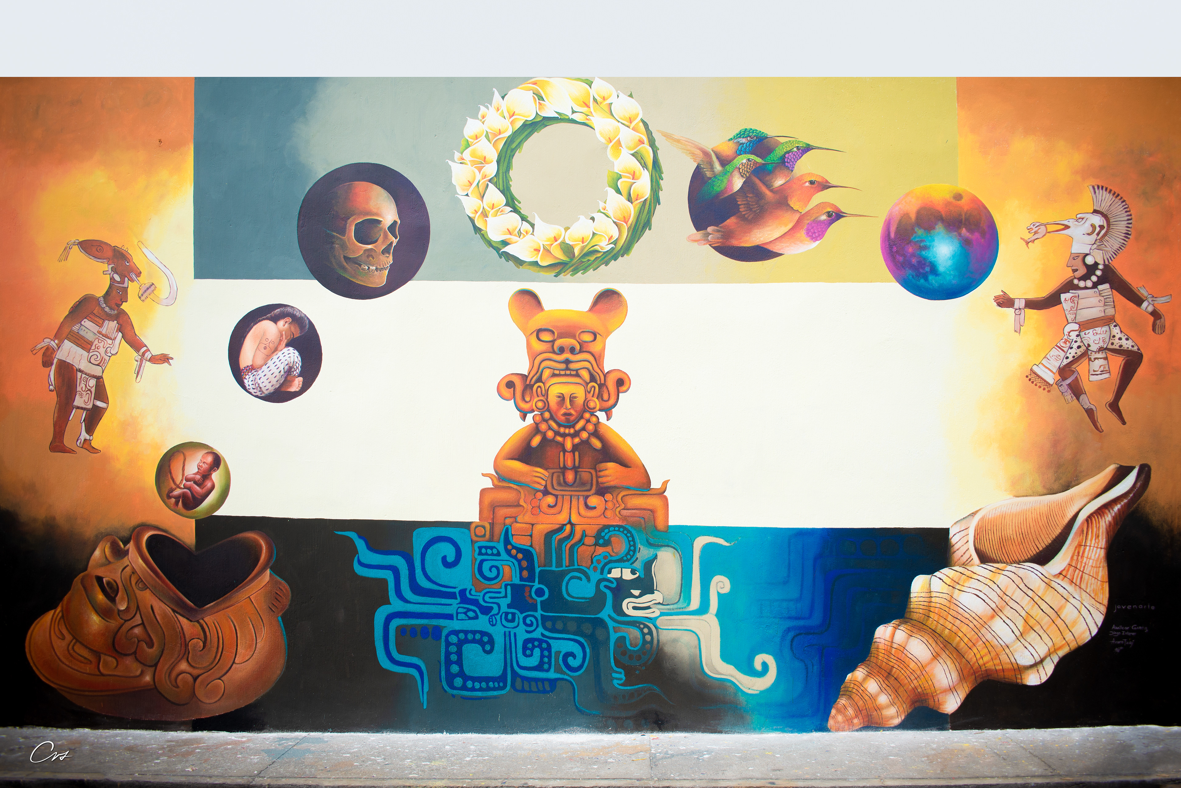 TÍTULO: EL JUEGO DE LA PELOTA MAYA. ARTISTAS DE JOVENARTE: DIEGO IXTAMER, ALVARO TZAJ, LUIS AMILCAR GARCIA, PABLO TOC DE SAN JUAN LA LAGUNA.