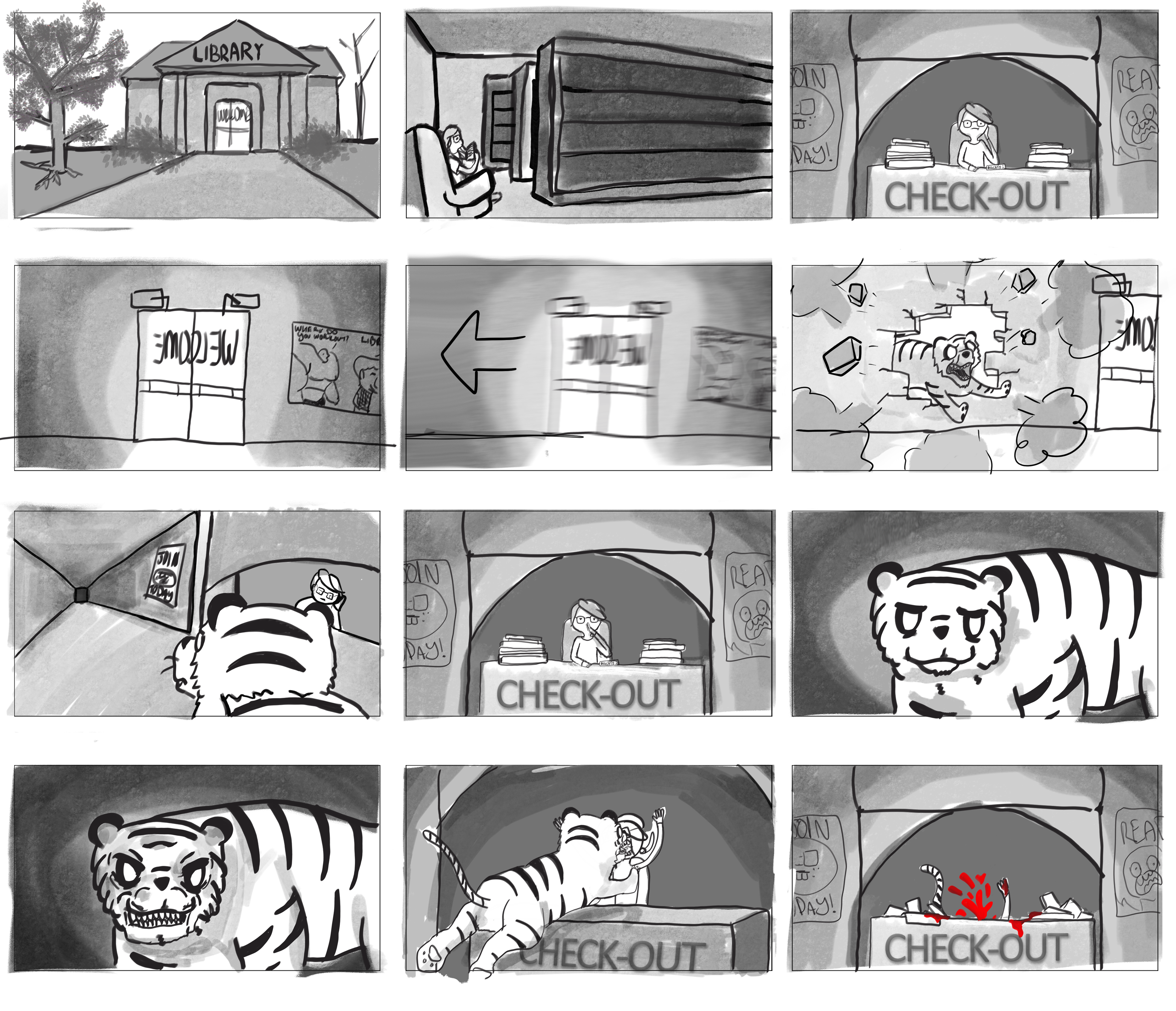 "Red, Tiger, Library" - Storyboards for Animation, Digital