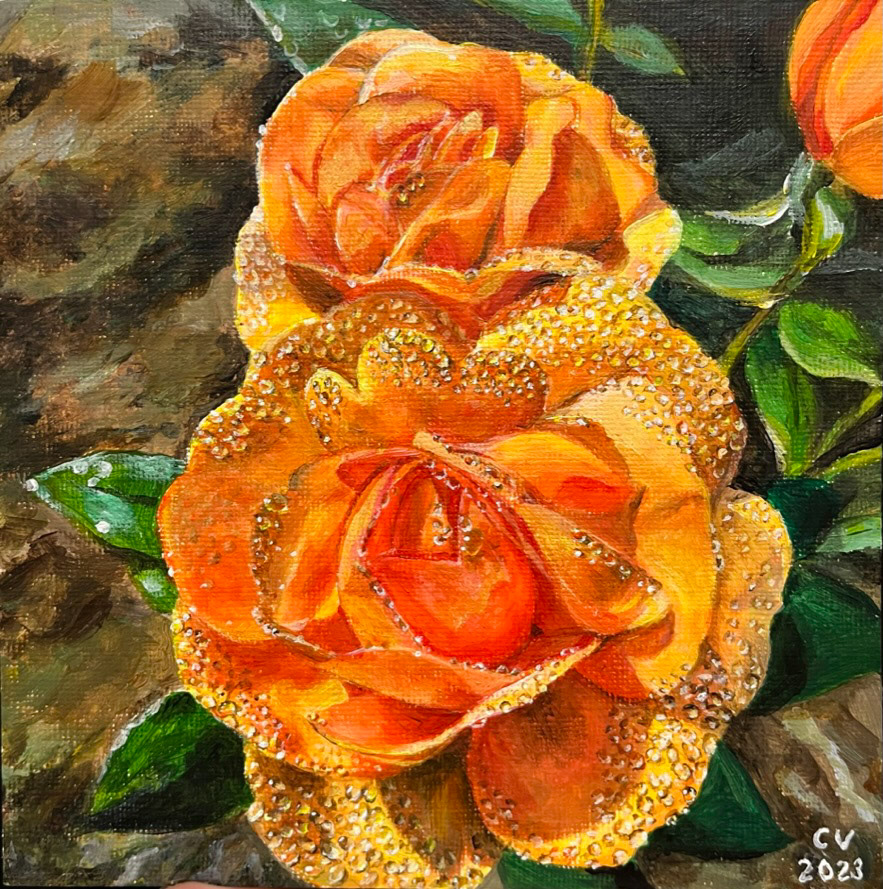 Morning Dew on Roses - 6x6", Acrylic on canvas