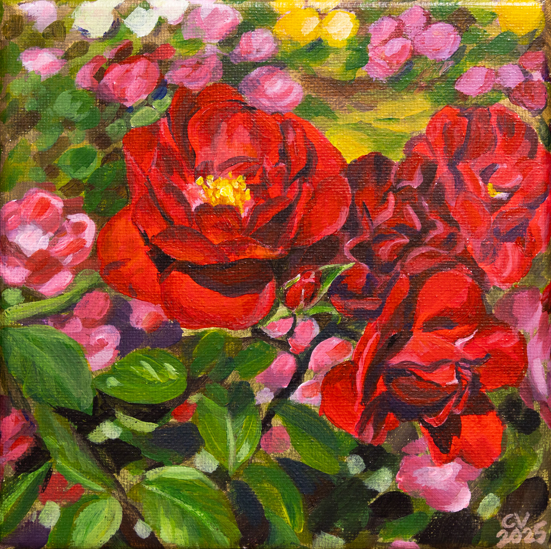 Crimson Blooms - 6"x6" acrylic on canvas. Sold