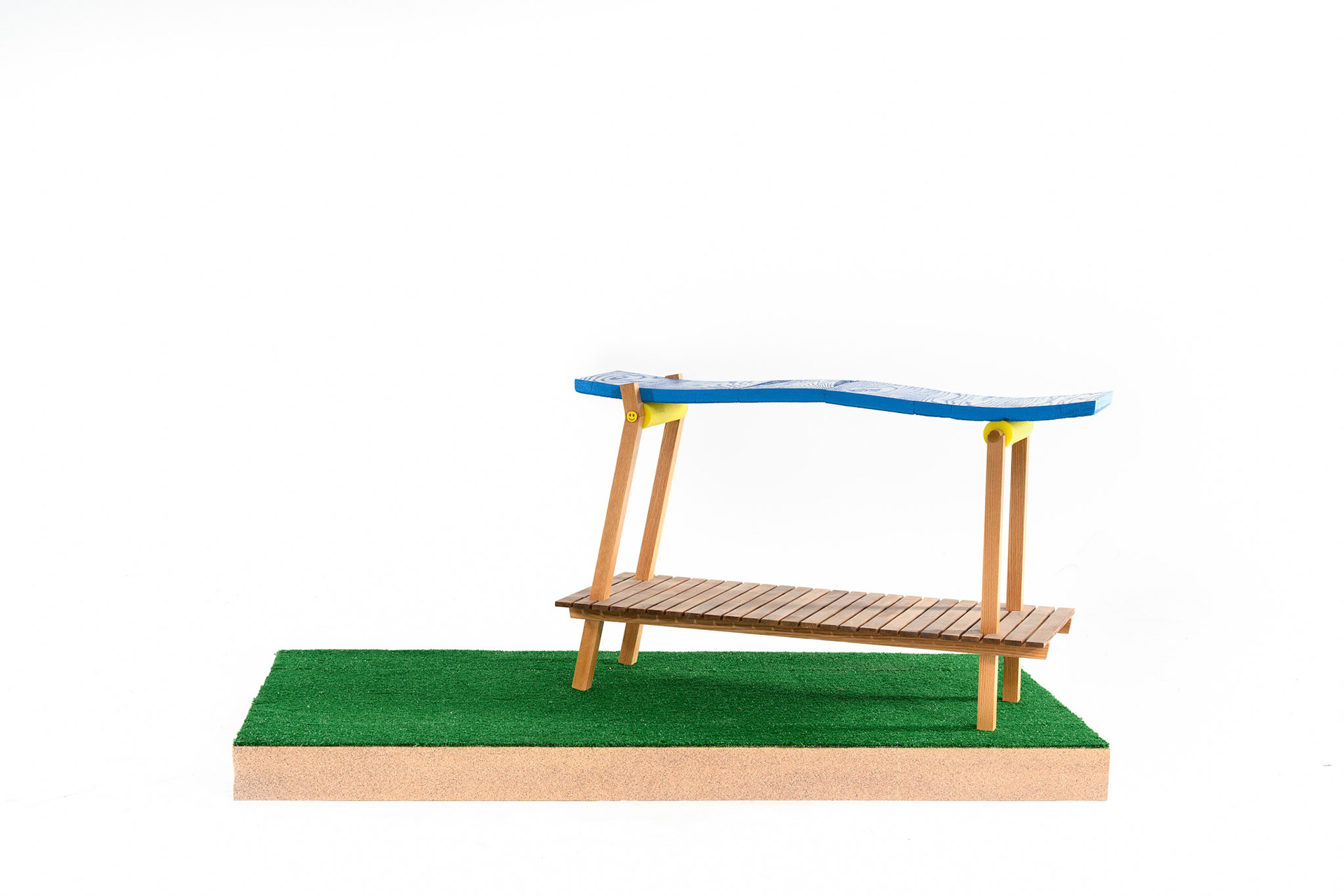 "gentle wave over a dock towel table" exterior deck stain, glue, oak, oil-based polyurethane, pin nails, pine, pool noodles, spray paint