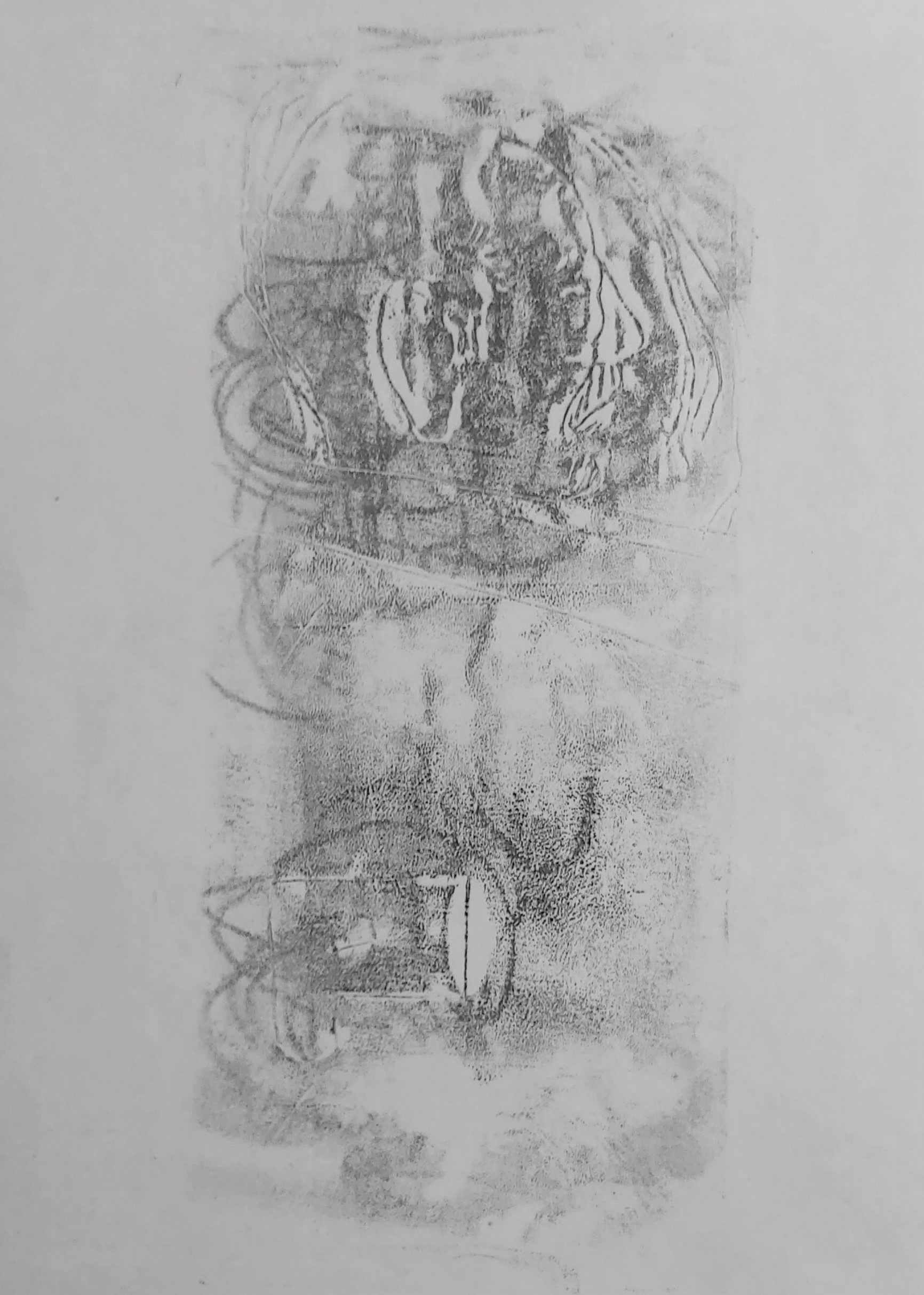 Il, lui, dort. Dans une chapelle. 2005., Gravure de fortune, Impressions sur papier, (d'après un dessin de mars 2005), 18x24cm, 2024