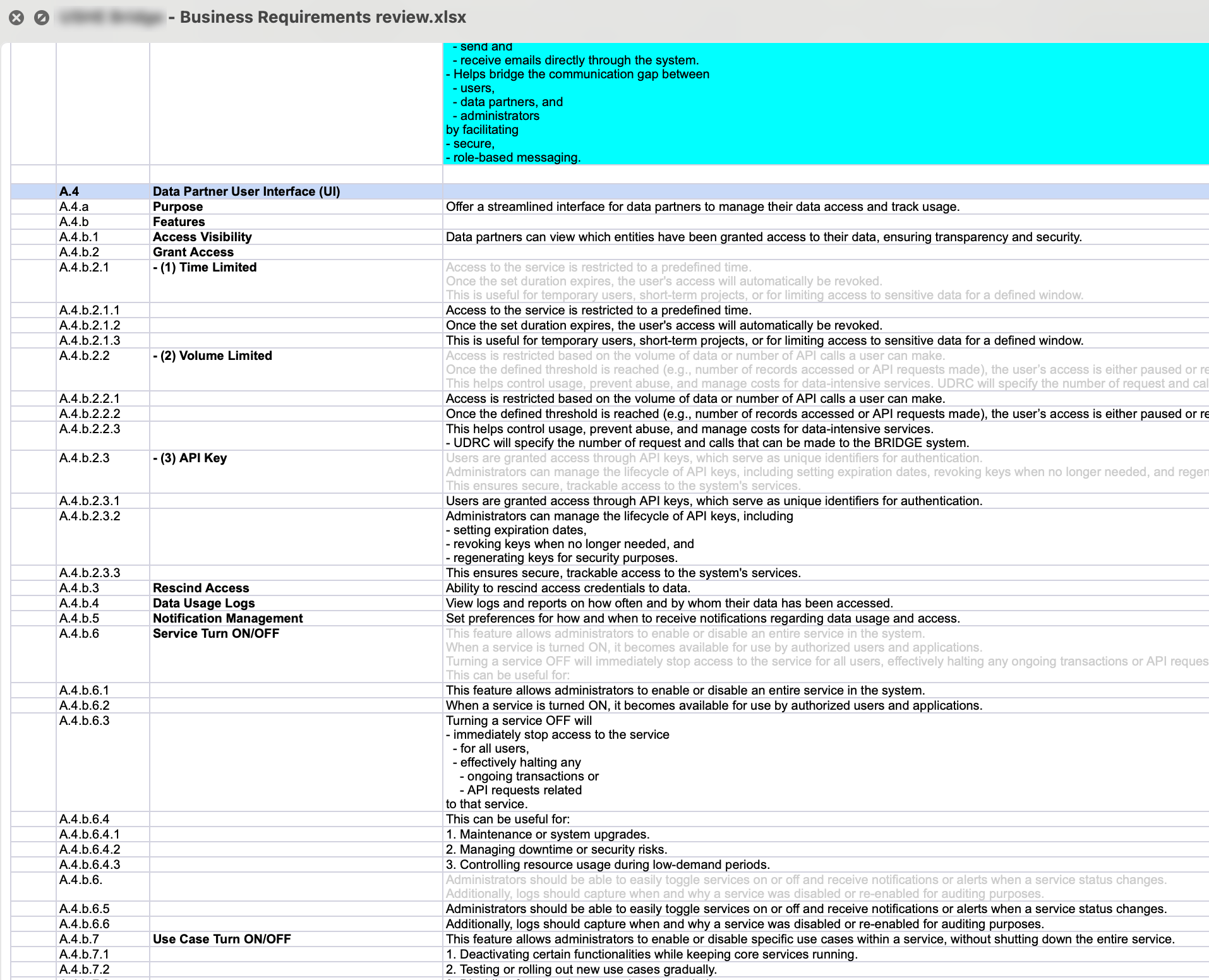 Business requirements spreadsheet